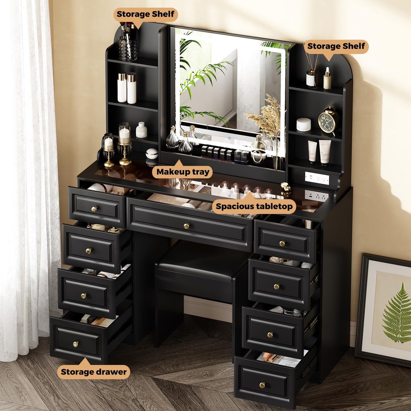 43" Makeup Vanity Desk with Mirror and Lights, & Power Outl, Glass Top Big Vanity Table with 9 Drawers& 8 Storage Shelves, Dressing Table Set with Chair for Bedroom, Black