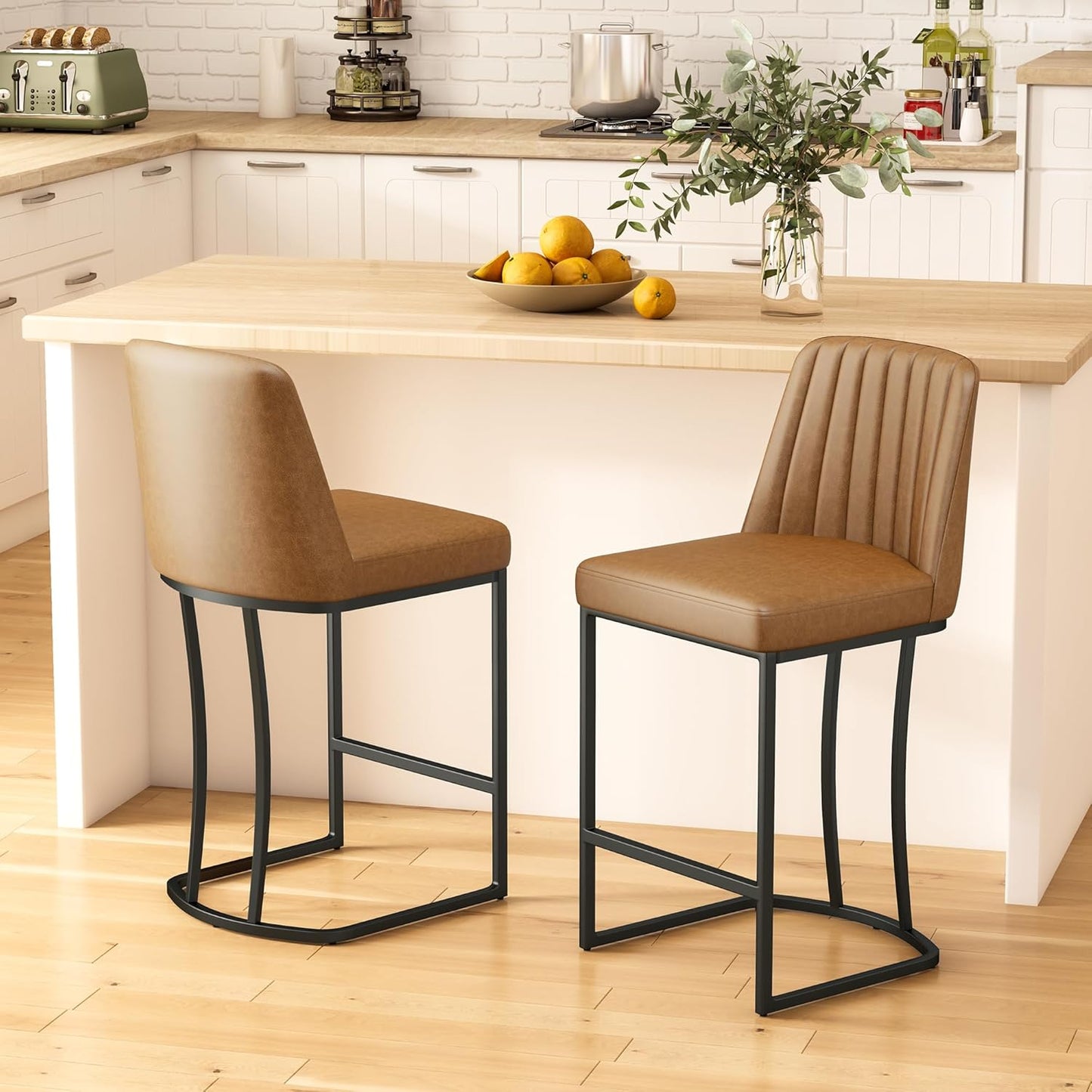 Bar Stools Set of 2, Faux Leather Counter Height Barstools, Upholstered Kitchen Counter Stools with Back and Stitching, 25.6" H Kitchen Island Stools Bar Chair, Metal Framed, Whisky Brown