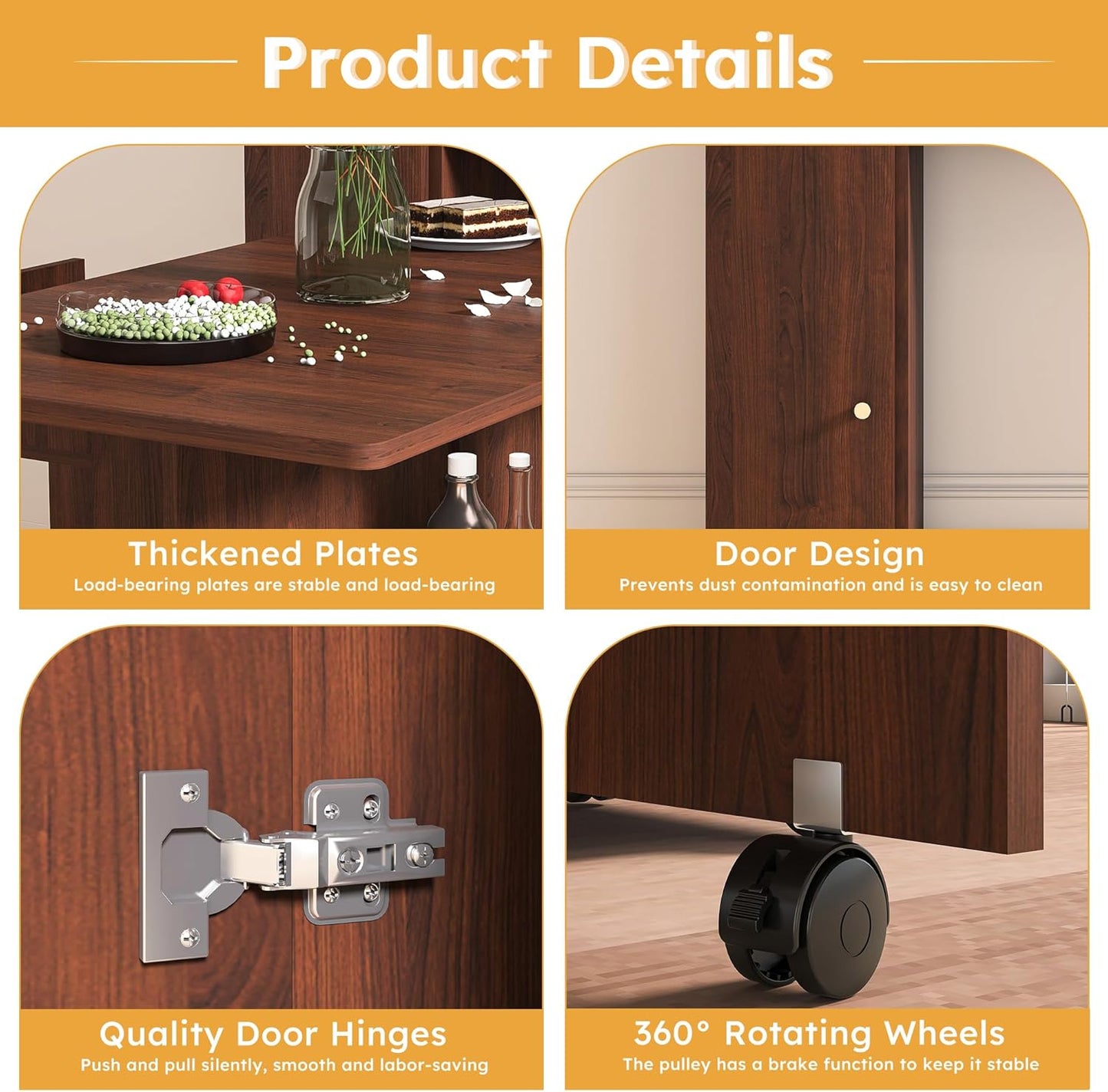 Ball & Cast Multifunctional Folding Dining Table with Wall-Mounted Sideboard & Storage,Wood Kitchen Island w/Four-in-one Socket and Silent Wheels,Space-Saving,Easy to Assemble,for Dining Room,Walnut