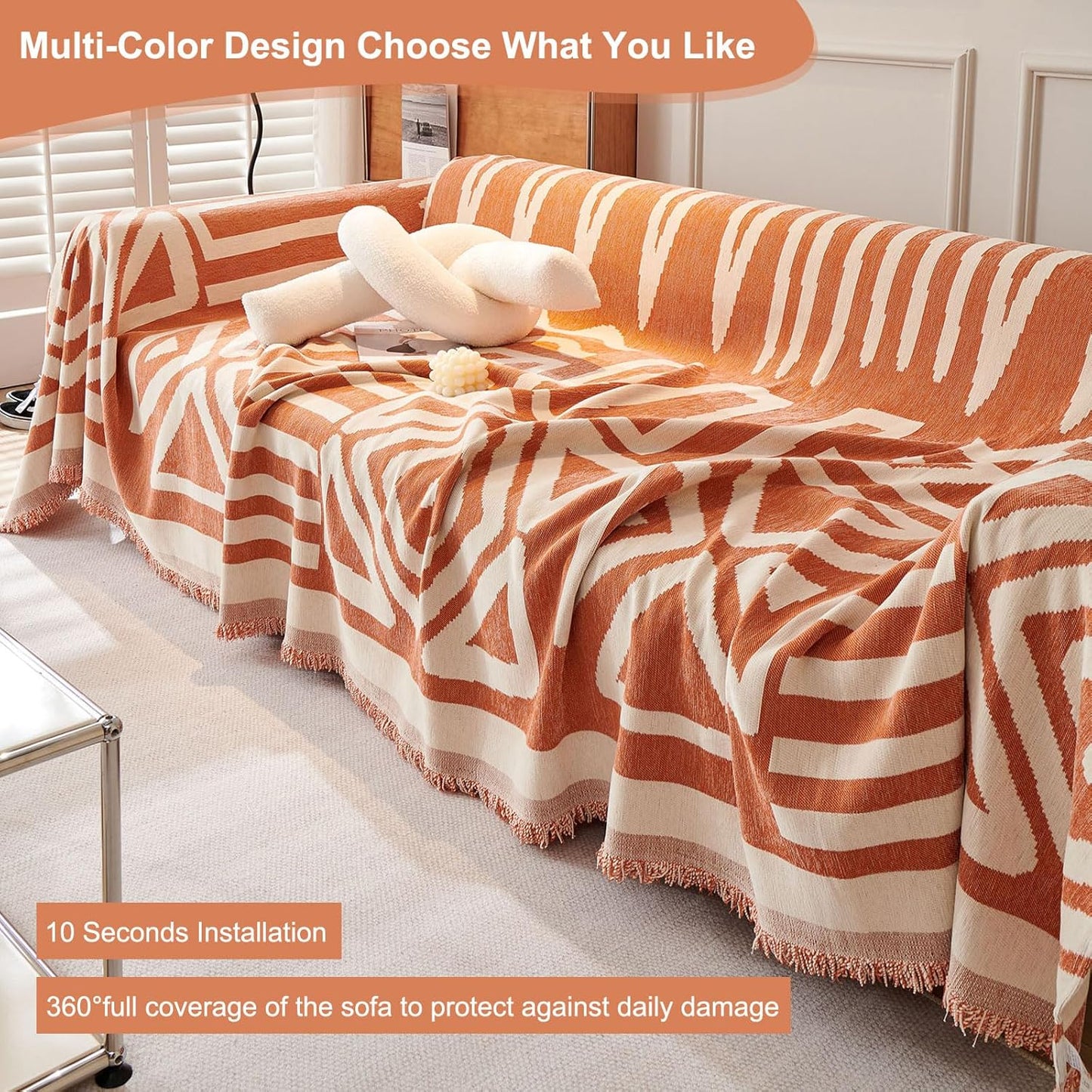 STACYPIK Soft Thick Boho Orange Loveseat Sofa Covers Modern Geometric Couch Cover for 1 Cushion Couch Reversible Pet-Friendly Protector Covers with Tassels Washable Caramel Sofa Throw Covers-71X71IN