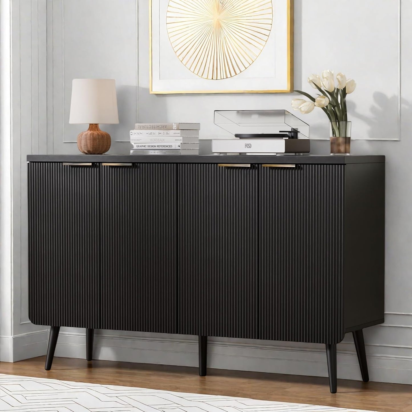 Buffet Cabinet with Storage, Fluted Multifunctional Storage Cabinet with 4 Doors, Modern Sideboard Buffet Credenzas for Living Room, Entryway, Hallway, Black