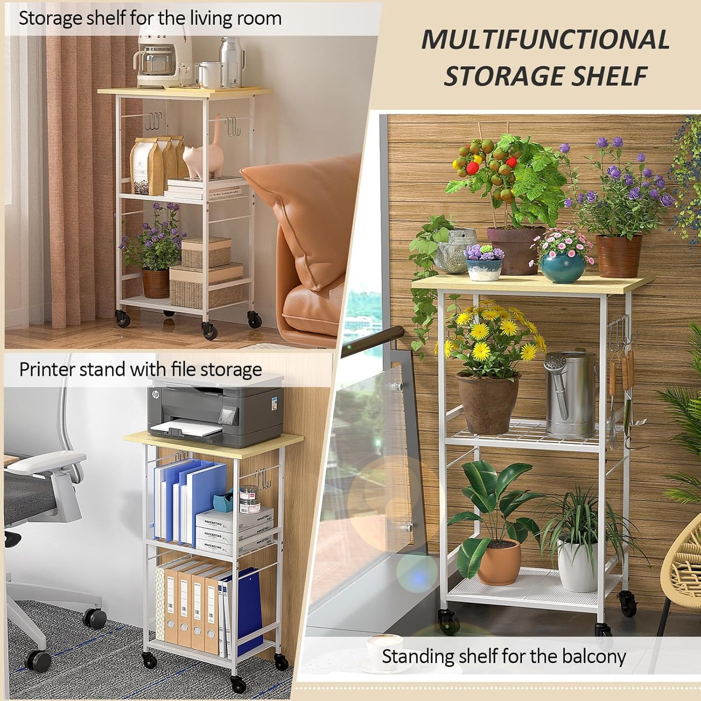 Rolling Kitchen Microwave Cart, 3 Tier Microwave Table Stand with Adjustable Shelf, Kitchen Storage Rack on Wheels, Coffee Station Cart Rack Shelf Organizer for Living Room Office, Balcony