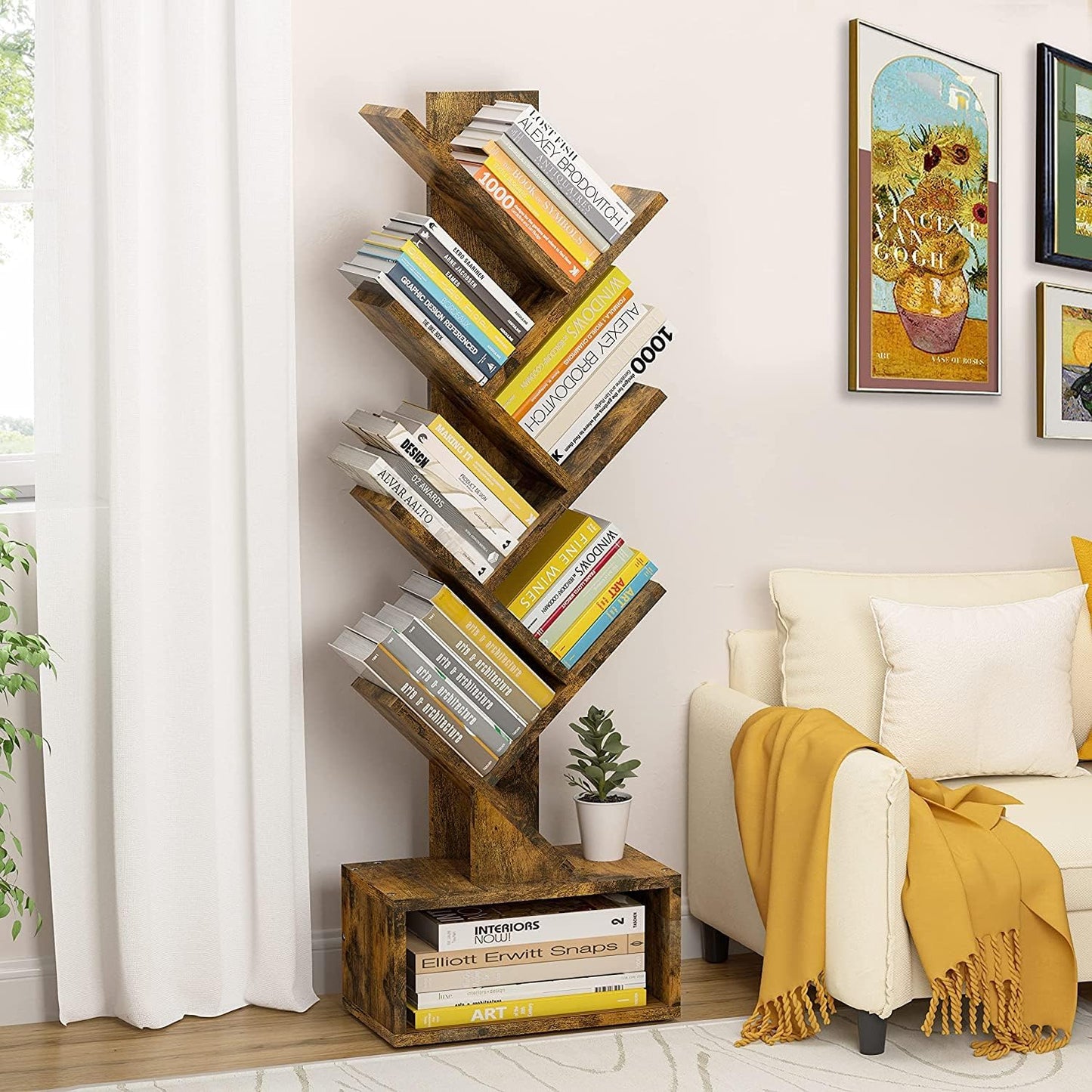 Hoctieon 6 Tier Tree Bookshelf, Tall Bookcase with Drawer, Freestanding Book Shelf, Display Floor Standing Storage Shelf, Book Organizer Shelves for Home Office, Rustic Brown