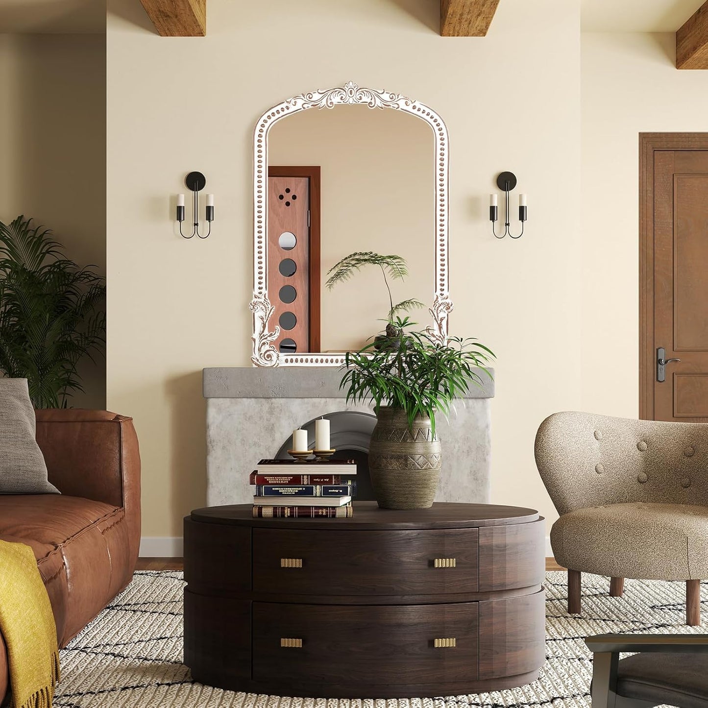 25x35 Inch Baroque Arched Wall Mirror Wooden, Rustic Farmhouse Decorative Mirrors for Fireplace, Entryway, Living Room, Bedroom, Bathroom