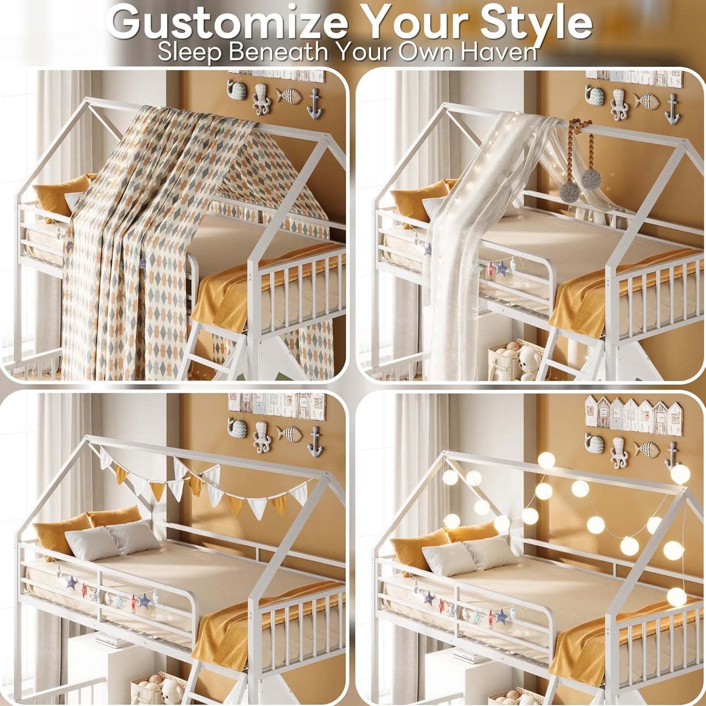 LIKIMIO Bunk Bed Twin Over Full Size, House Bunk Bed Frame with Ladder and Guardrail, House Shaped with Metal Slats Support No Box Spring Needed Space Saving for Bedroom and Dorm, White