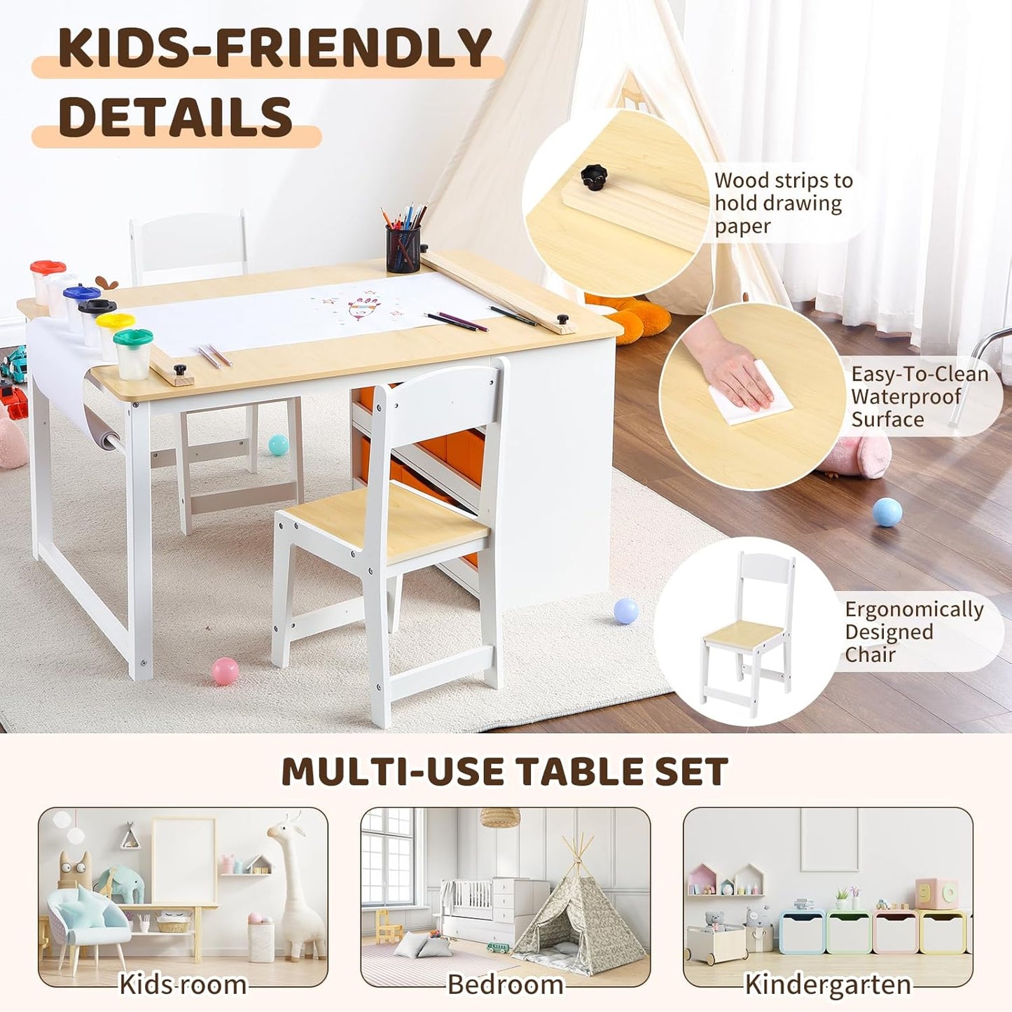 4 In 1 Kids Art Table and Chair Set,Toddler Craft Large Storage Desk with Portable Art Supply Organizer, Drawing Desk, Kids Activity and Study Table, Activity & Crafts for Children Wooden Furniture