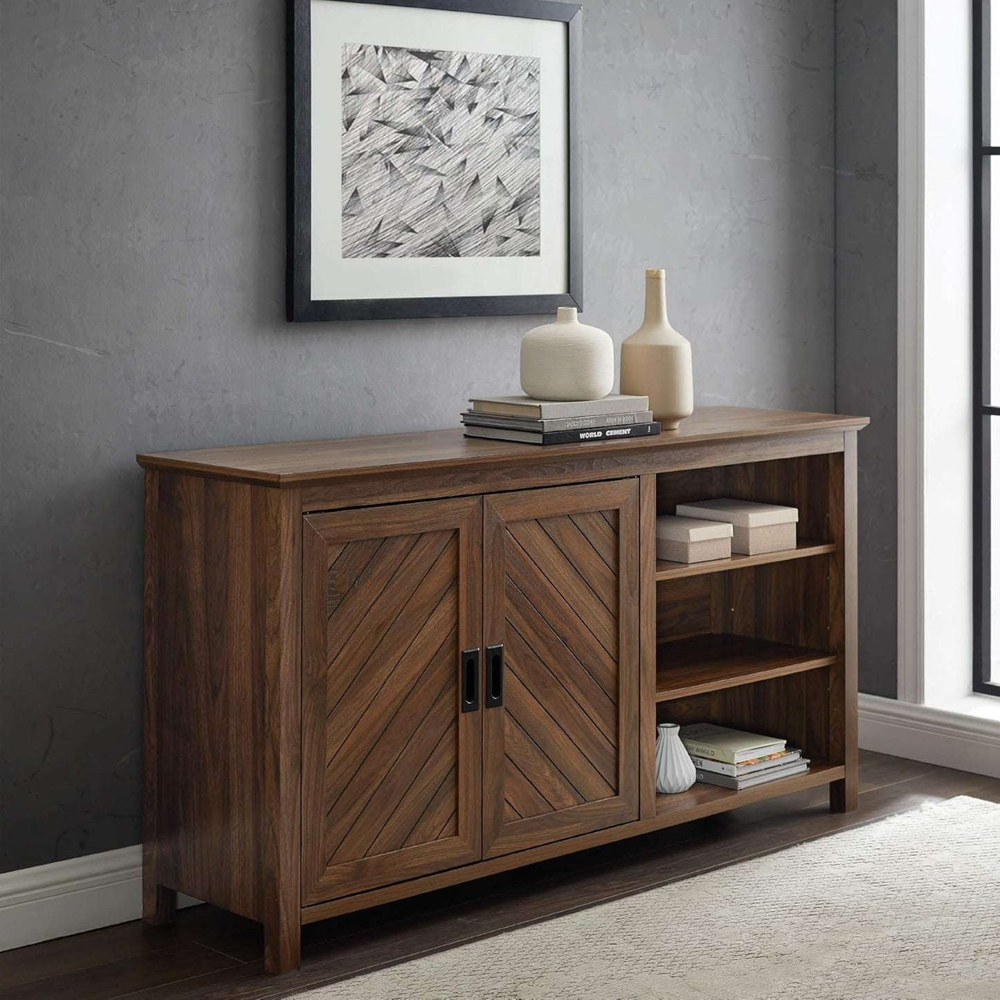Walker Edison Modern Wood Grooved Buffet Sideboard with Open Storage-Entryway Serving Storage Cabinet Doors-Dining Room Console, 58 Inch, Dark Walnut