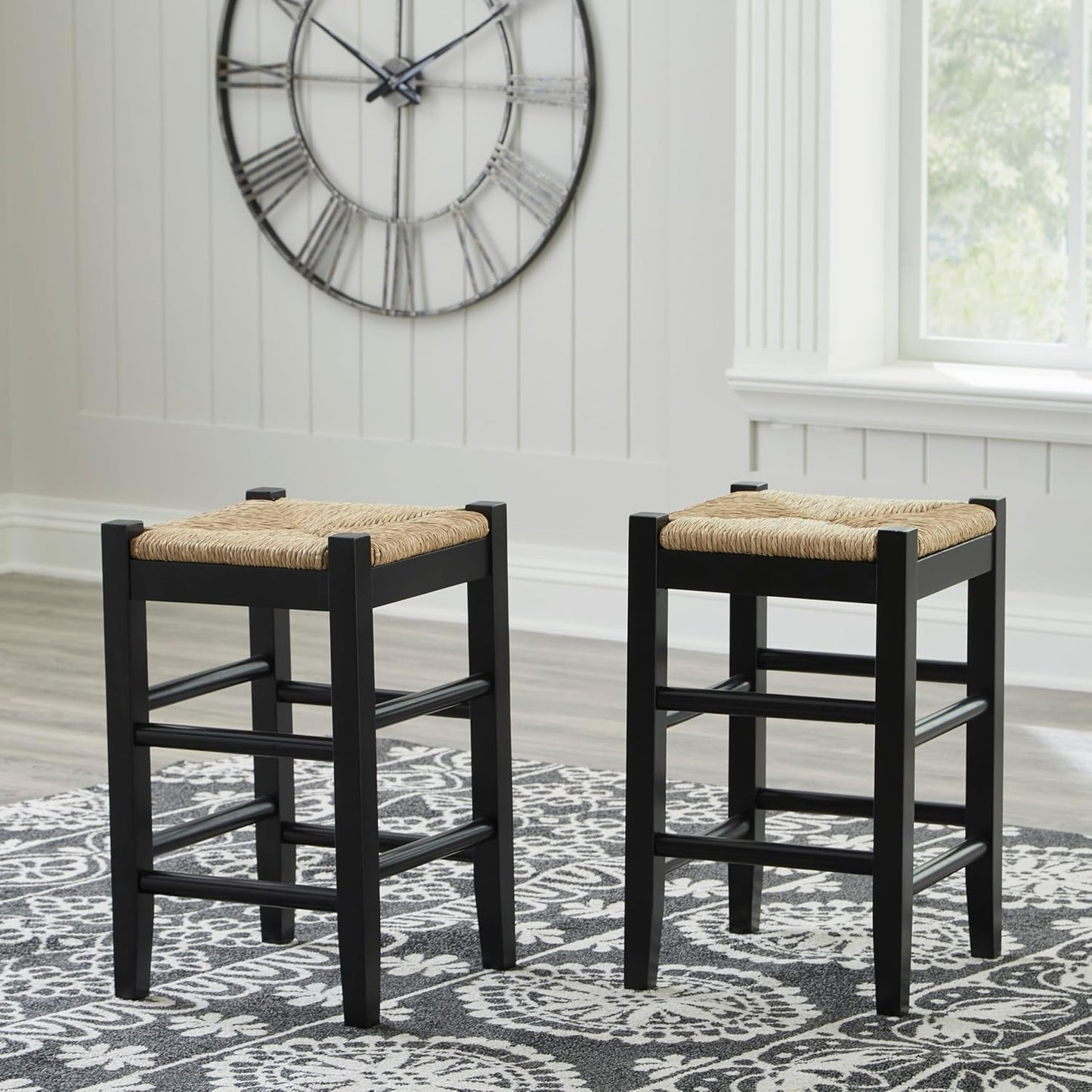 Signature Design by Ashley Mirimyn Farmhouse 23.63" Counter Height Bar Stool with Woven Wicker Seats, 2 Count, Black & Light Brown