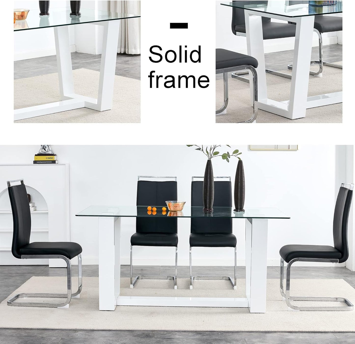 63" Modern Glass Dining Table with Rectangular Tempered Tabletop,Dinner Desk Set for 6-8 People W/Trapezoid Bracket,for Home,Kitchen,Dining Room,Office,White+Clear Finish