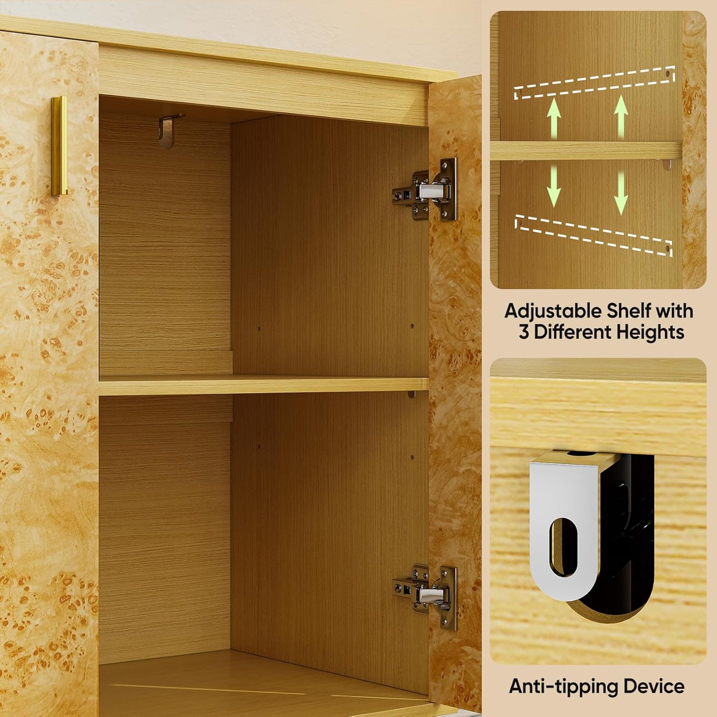 Buffet Cabinet with Storage,Accent Cabinet with 2 Decor Doors,Sideboard Buffet with Solid Wood Feet, for Hallway, Entryway, Living Room