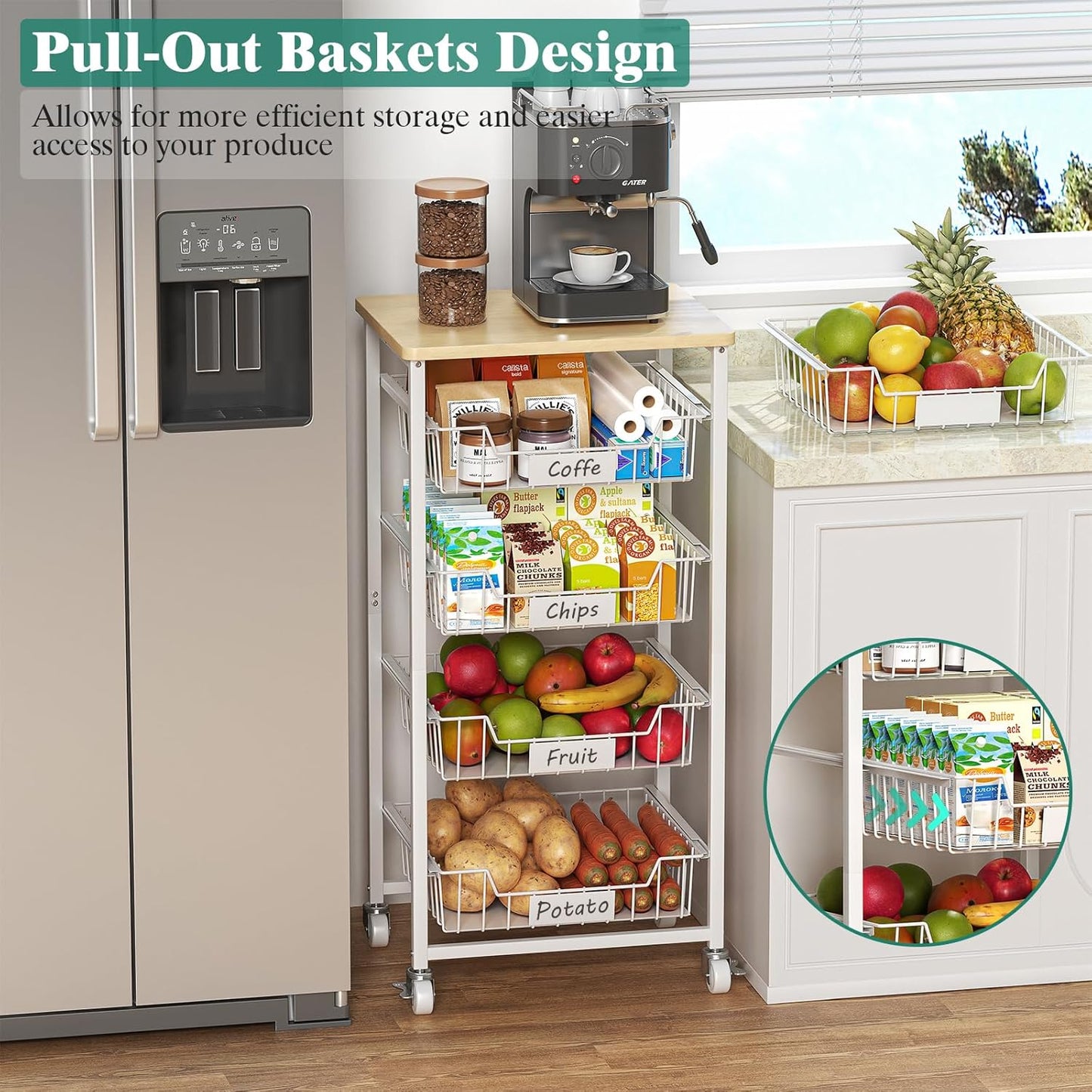 Fruit Vegetable Basket for Kitchen Pantry Storage Organizer, 5-Tier Metal Utility Kitchen Rolling Cart on Wheels with Drawer Rack and Wood Top for Potatoes Onions