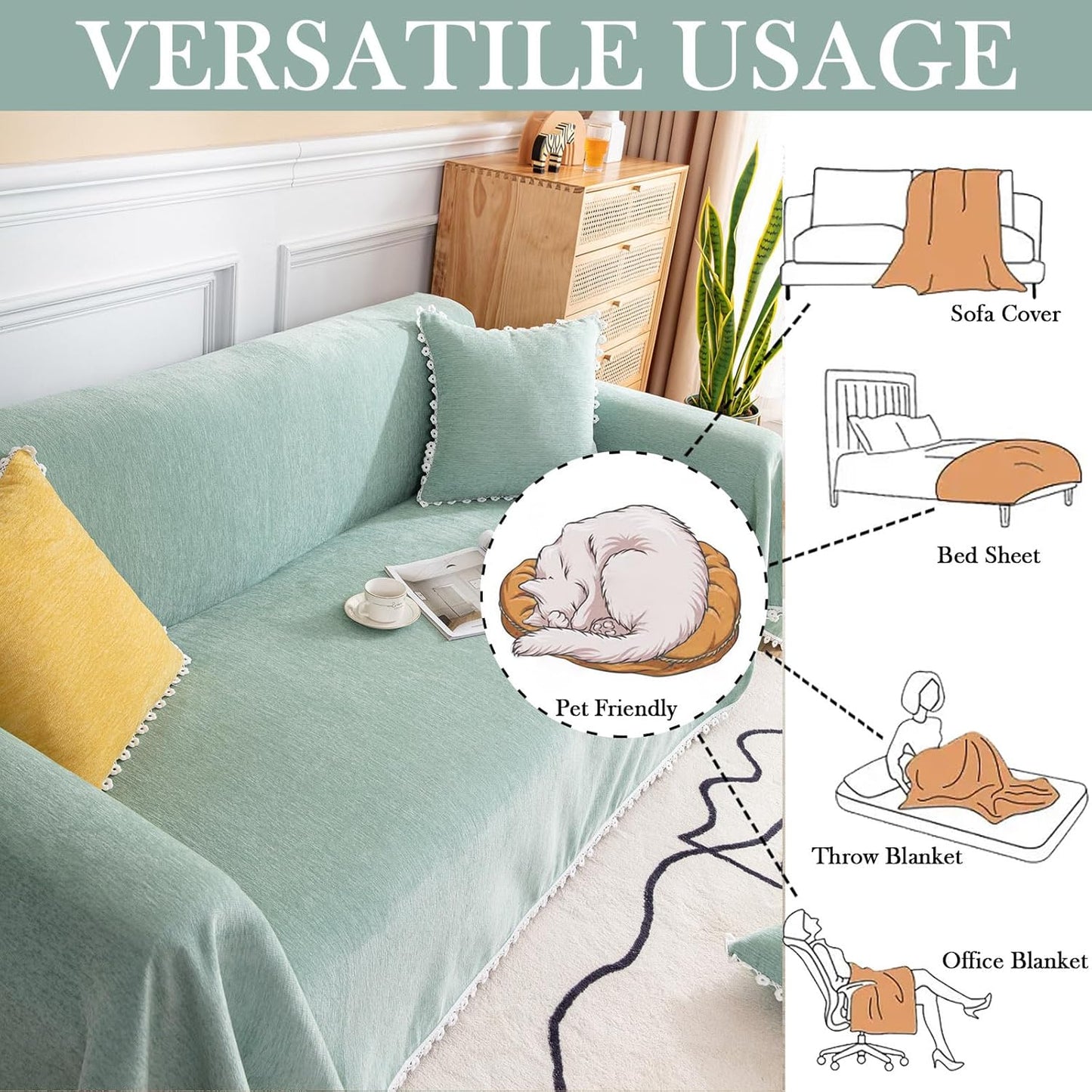 HANDONTIME Cute Sofa Covers Light Green Couch Covers for 3 Cushion Couch Sofa with White Daisy Lace Green Sofa Slipcovers Chenille Couch Cover for Dogs Sectional Sofa L Shape Futon Cover, 71" X118"