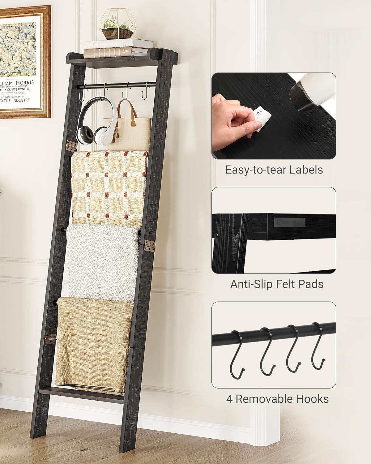 Blanket Ladder Shelf for Living Room, Decorative Quilt Rack with Storage Shelf, 6-Tier Farmhouse Ladder Holder Organizer with 4 Removable Hooks for Bedroom, Black BR35804B