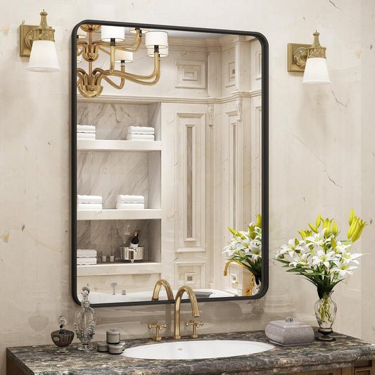 24x30 Inch Black Matte Framed Bathroom Mirror for Wall, Rounded Corner Rectangle Vanity Mirror, Tempered Glass, Anti-Rust, Shatterproof (Horizontal/Vertical)