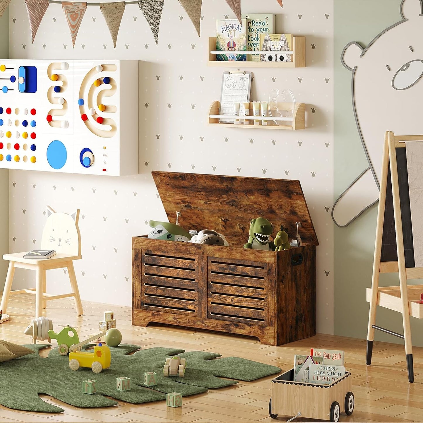 DINZI LVJ Storage Chest, Flip-Top Wooden Toy Box with 2 Safety Hinges, Retro Entryway Shoe Storage Bench, Sturdy Large Storage Trunk for Living Room, Bedroom, Easy Assembly, Rustic Brown