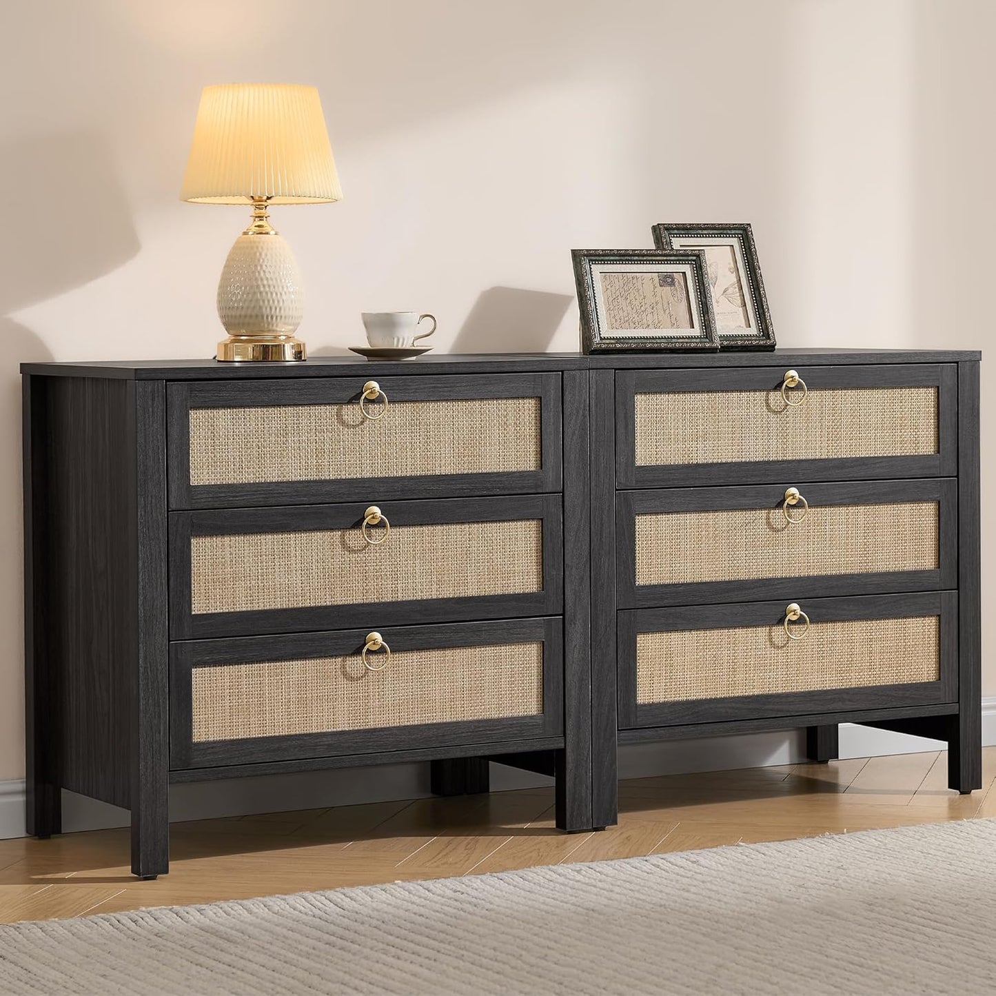 SICOTAS Nightstand Set 2 with Drawers - Large Rattan Bedside Table with Golden Handle, 3 Drawers Night Stand 26.78" Wide Side Table Boho Nightstand for Bedroom