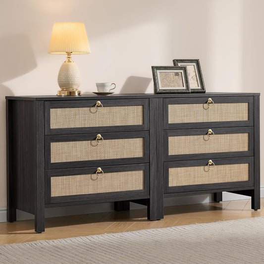 SICOTAS Nightstand Set 2 with Drawers - Large Rattan Bedside Table with Golden Handle, 3 Drawers Night Stand 26.78" Wide Side Table Boho Nightstand for Bedroom