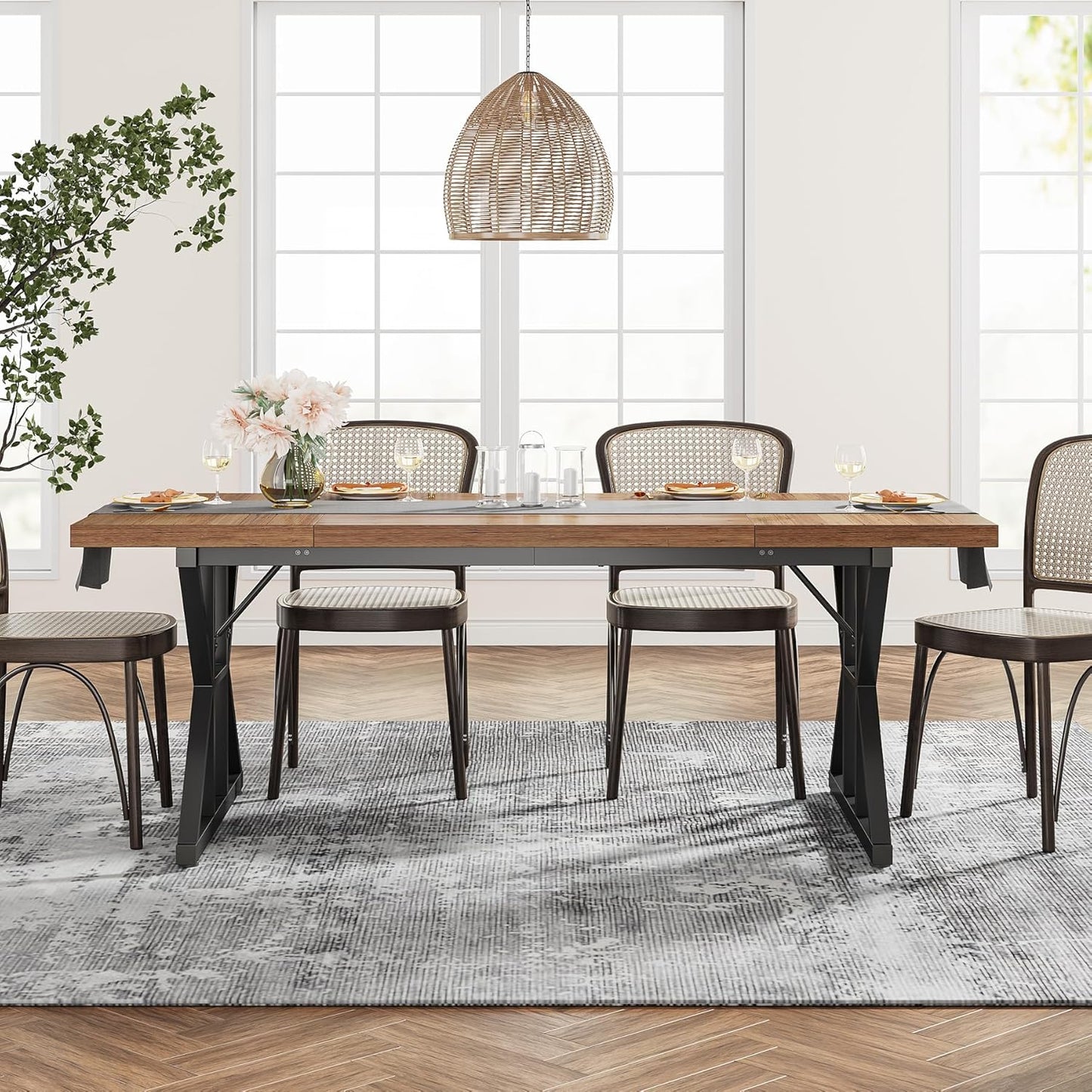 Tribesigns Farmhouse Dining Table for 6 People, 70.8-Inch Rectangular Wood Dining Table, Rustic Kitchen Table with Heavy Duty Metal Legs for Dining Room (Light Brown, 70.8 Inch)