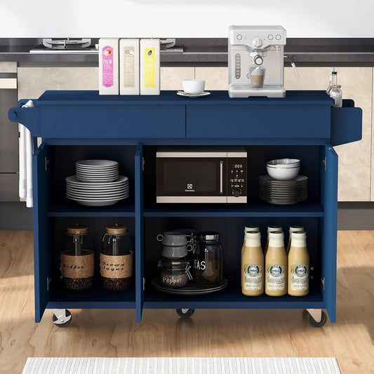 53" Kitchen Island with Drop Leaf,Dining Storage Cart W/Spice Rack,Towel Rack and 2 Drawers,Rolling Island on Wheels W/Adjustable Shelves for Kitchen,Dining Room,Navy Blue
