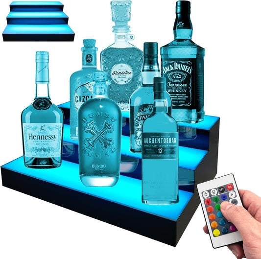 Royxen LED Lighted Liquor Bottle Shelf 3 Tier, 16 Inch Bar Shelf with Remote, Bottle Stand Multi-Color Lighting Modes for Bars