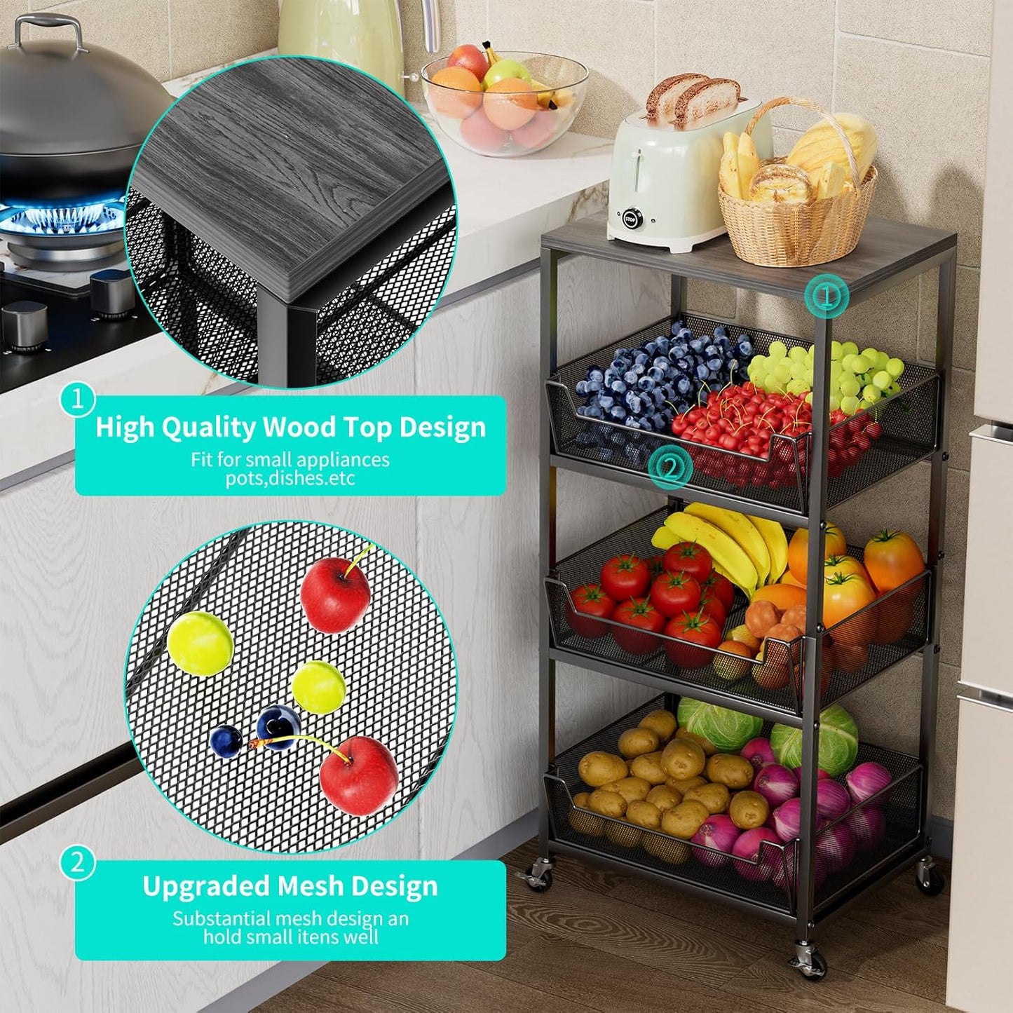 HapiRm Fruit Basket Kitchen Cart - 4-Tier Rolling Storage Cart with Wheels, Fruit Vegetable Basket with Wood Top, Pantry Utility Kitchen Organizer for Fruit Potato Onion Vegetable Bread Snack