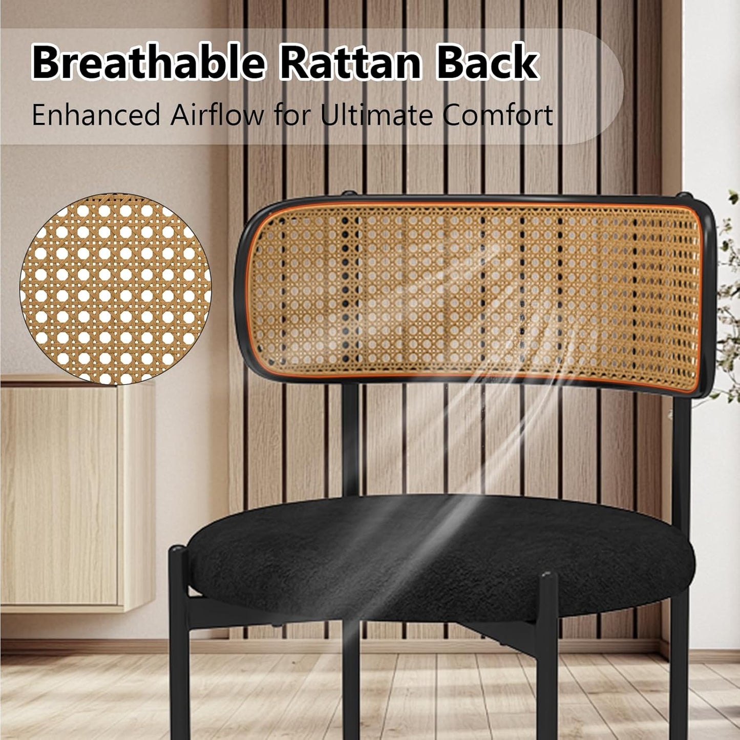 Mid Century Modern Dining Chairs Set of 2 with Rattan Backrest,Velvet Upholstered Accent Kitchen & Dining Room Chairs with Sturdy Metal Frame,Black