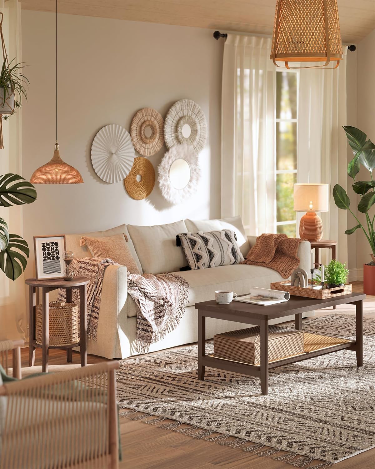 VASAGLE Round Side End Table, 2-Tier Boho Bedside Table with Rattan-Look Storage Shelf, Nightstand for Small Spaces, for Living Room, Bedroom, Home Office, Black Walnut ULET296K01