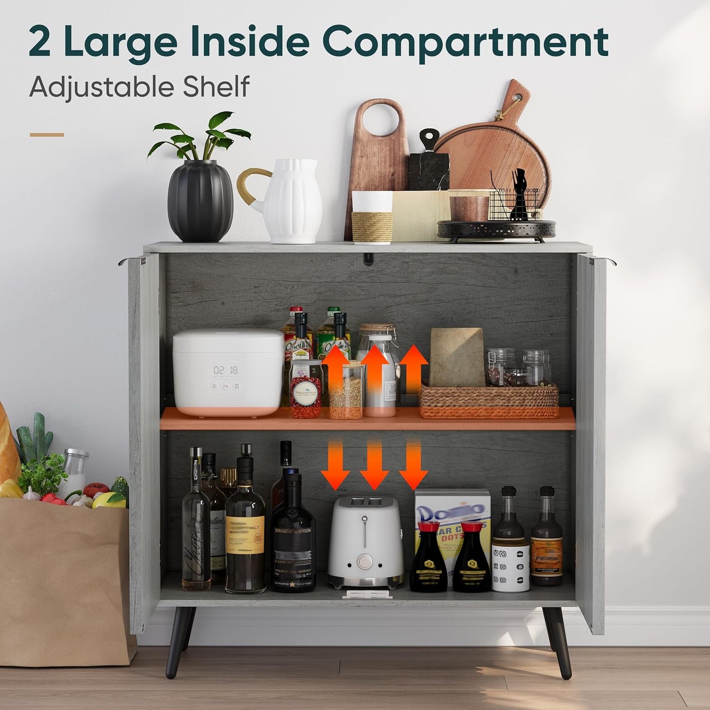 Semiocthome Gray Buffet Cabinet with Storage, Sideboard with Fluted Doors and Metal Legs, Storage Cabinet with Adjustable Shelf, Accent Table for Living Room, Dining Room, Kitchen, Entryway