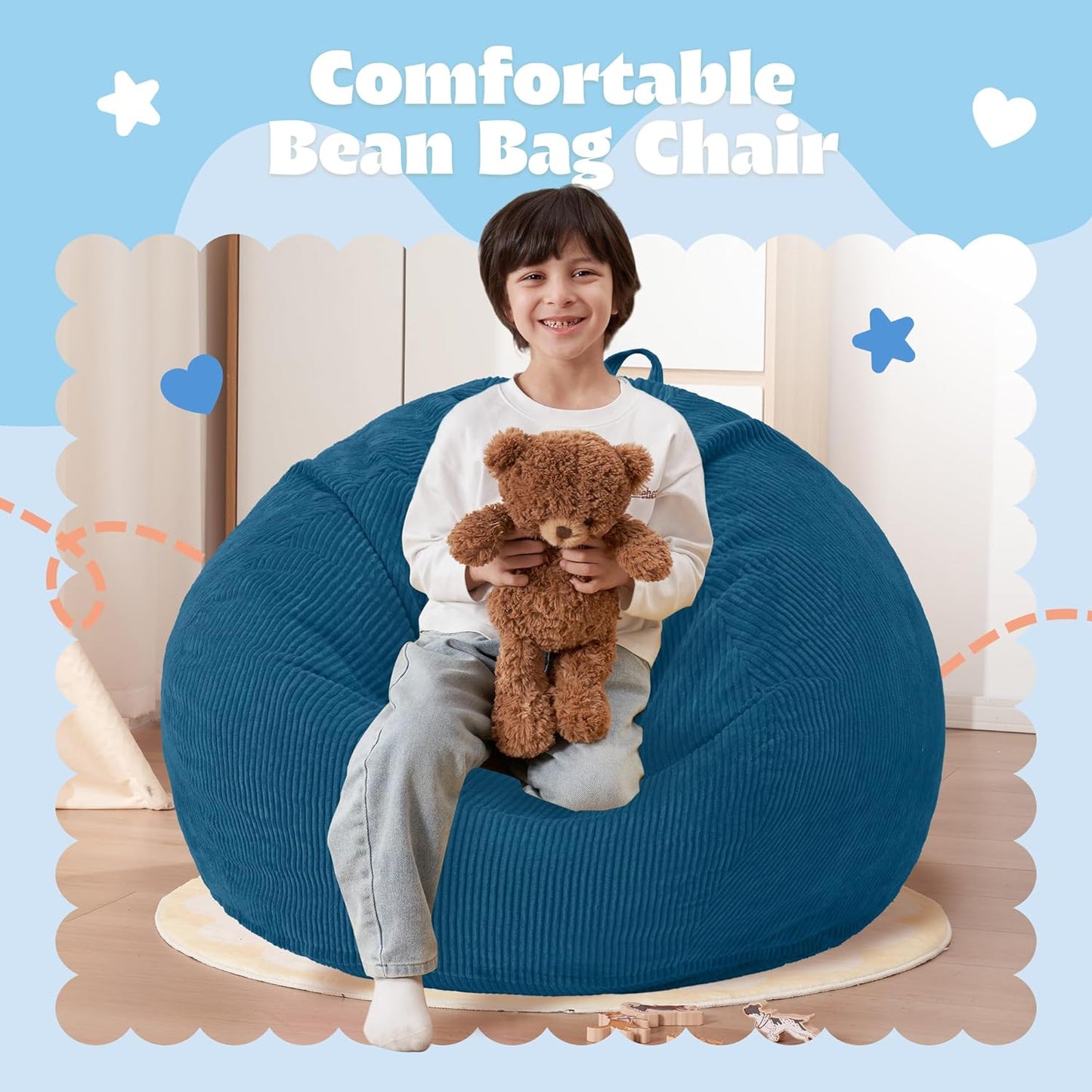 HABUTWAY 2 FT Bean Bag Chair,Giant Bean Bag Chairs,Big Bean Bags with Memory Foam Filled, Large Beanbag Chairs with Soft Corduroy Cover-Dark Blue