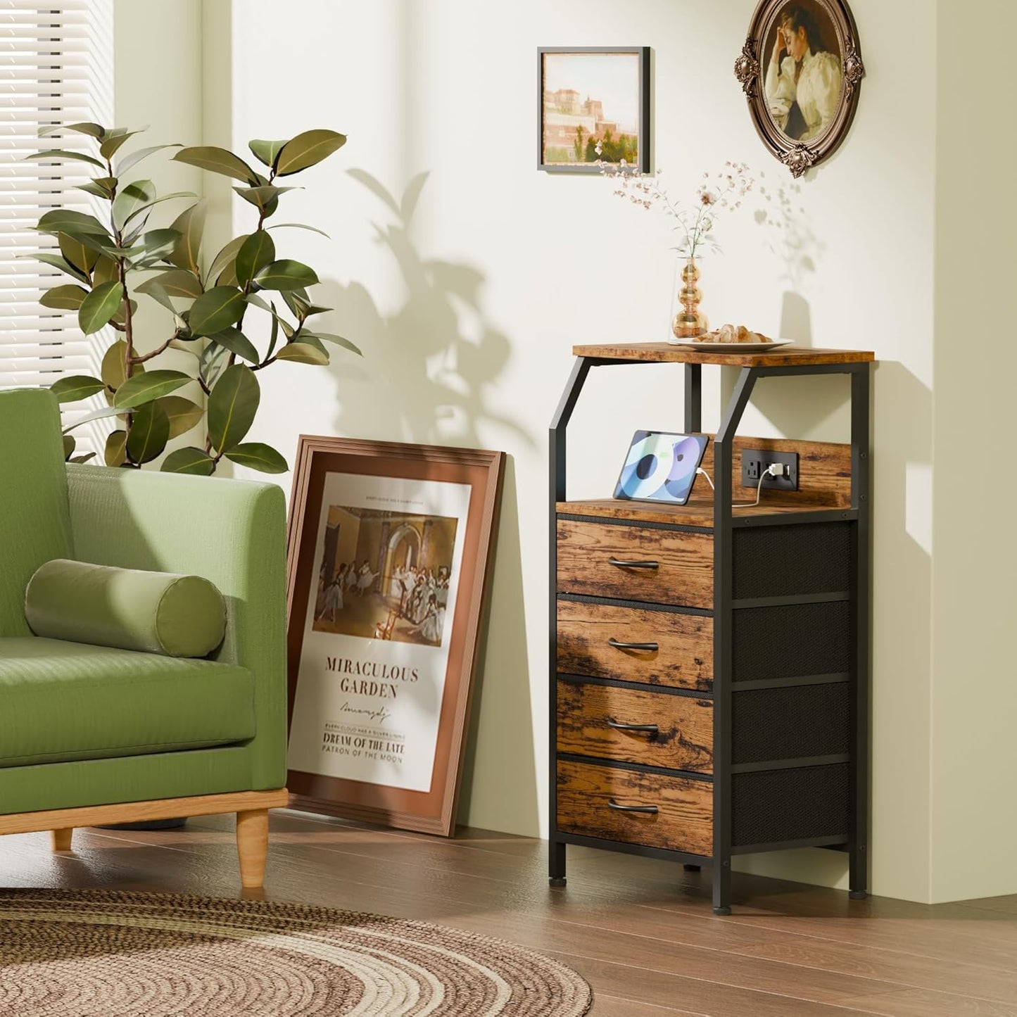 Furnulem Night Stand with Charging Station, Small Dresser with 4 Fabric Drawers, 33.3 Inch Tall Bedside Table, Storage Tower for Closet, Entryway, Bedroom Furniture, 3 Ways to Use, Rustic Brown