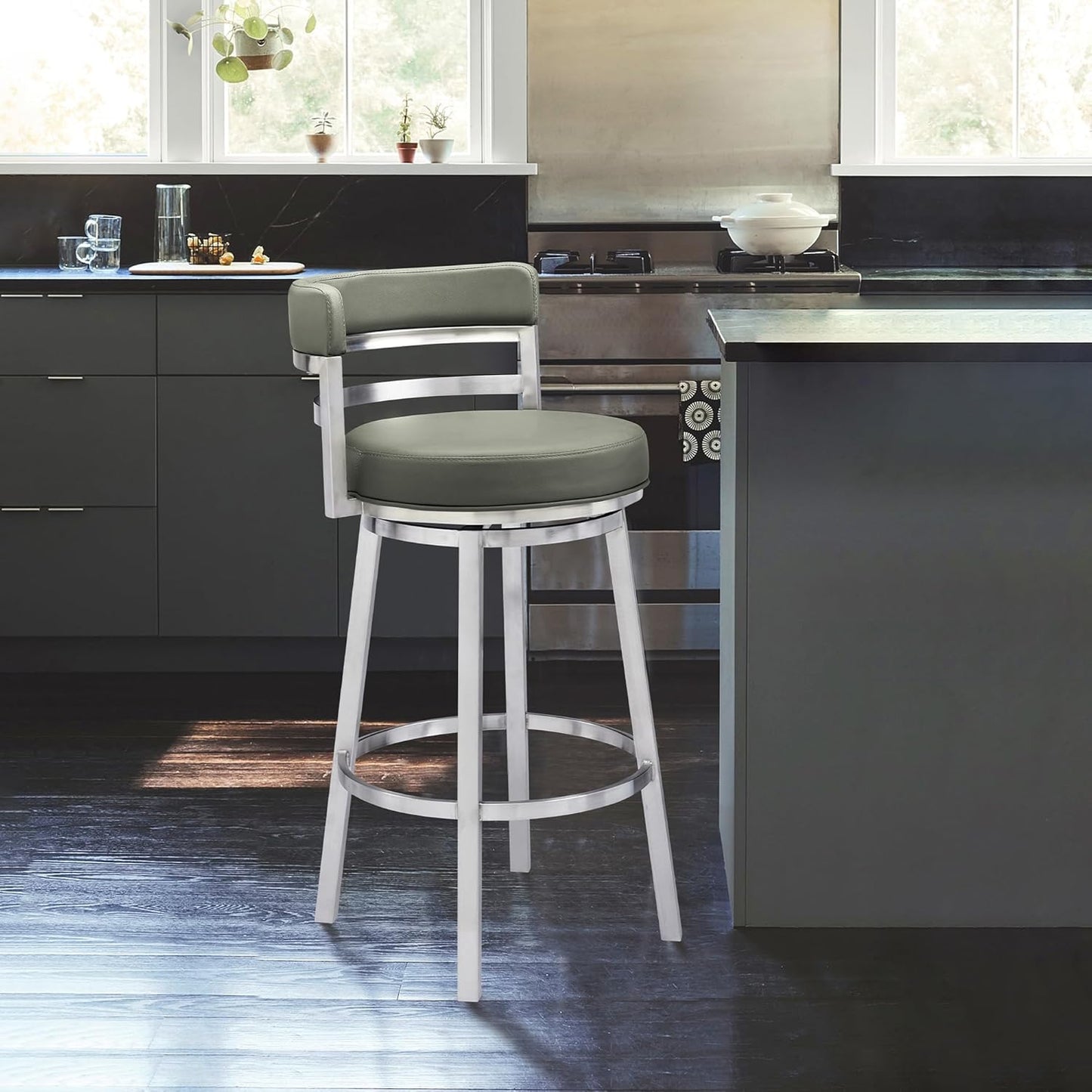 Armen Living Titana 30" Bar Height Swivel Grey Faux Leather and Brushed Stainless Steel Bar Stool