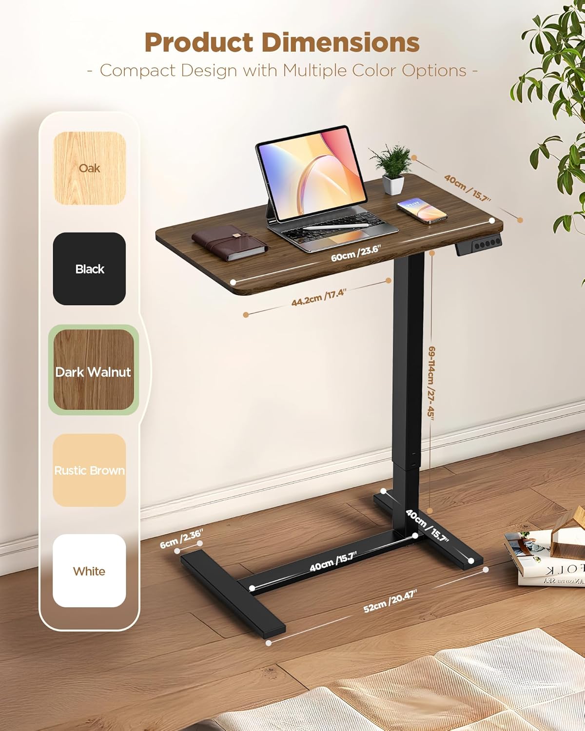 Electric Adjustable Height Standing Desk - Small Sit Stand Portable Rolling Laptop Table with Hidden Wheels, Small Computer Workstation for Bedside & Home Office Use (24"x16",Dark Walnut)