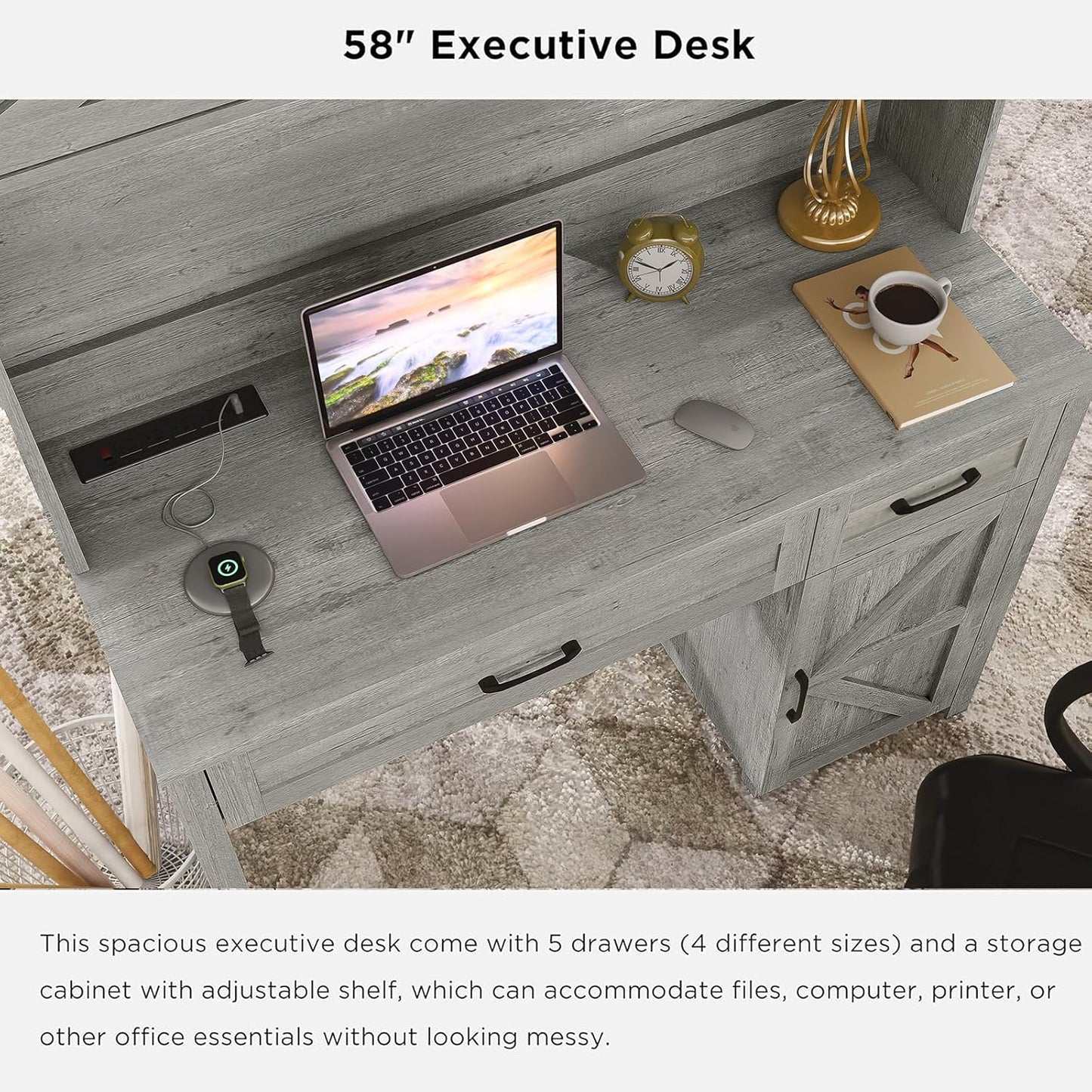 Farmhouse 47" Executive Desk, Computer Desk with 2 Drawers and Storage Cabinet, Home Office Desk with Hutch, Charging Hub, Workspace for Work and Study, Gray