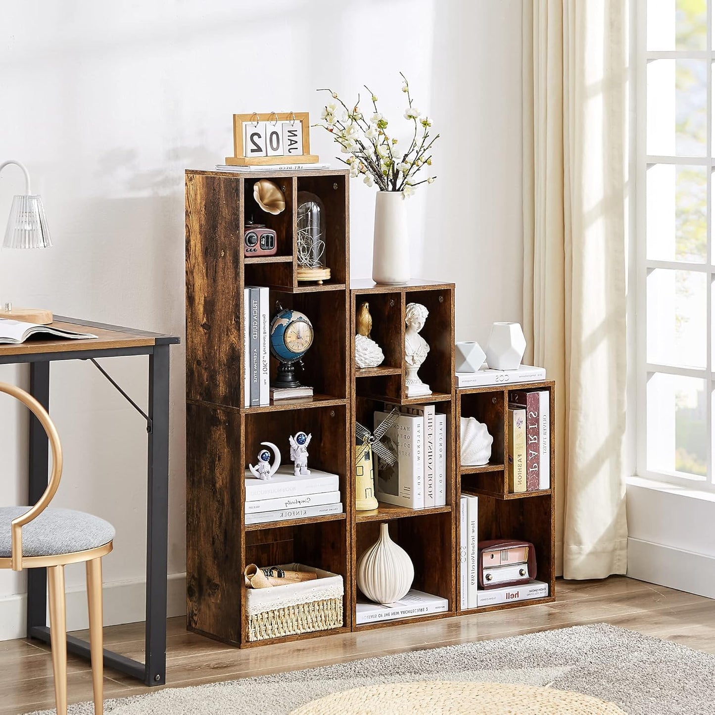 VECELO Small Bookshelf, 4 Cube Slim Bookcase, Fits Tallest Hardcovers, Horizontal Available, Modern Floor Standing Unit, Each Shelf Hold Up to 66 LBS, Vintage Brown