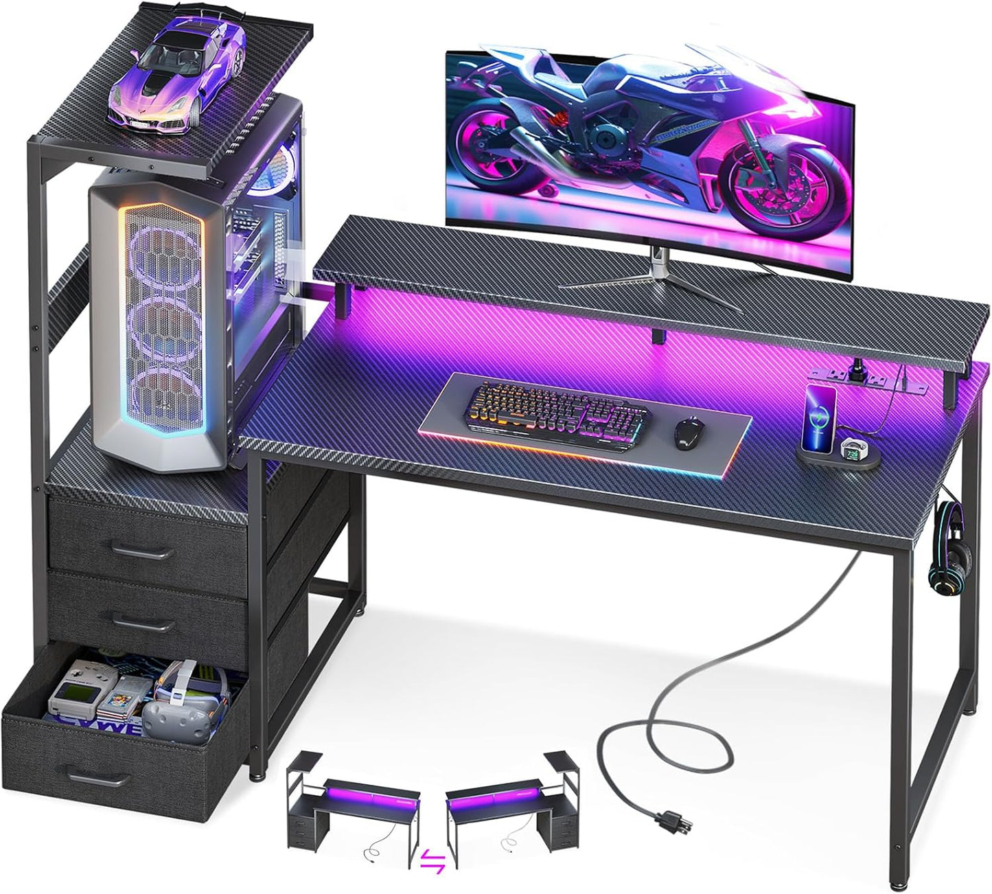 AODK 52 Inch Gaming Desk with USB Charging Ports & LED Light- Reversible Computer Desk with Storage Shelves & Monitor Stand, Modern Gamer Desk Table with Fabric Drawers & Side Hook, Carbon Fiber Black