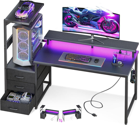 AODK 52 Inch Gaming Desk with USB Charging Ports & LED Light- Reversible Computer Desk with Storage Shelves & Monitor Stand, Modern Gamer Desk Table with Fabric Drawers & Side Hook, Carbon Fiber Black