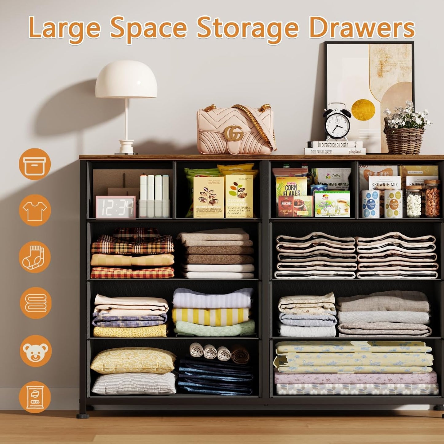 Furnulem Bedroom Dresser for 55”Long TV Stand,10 Storage Organizer Dressers & Chests of Drawers, Sturdy Metal Frame & Wood Top Tall Storage Cabinet for Bedroom Closet Living Room Entryway Rustic Brown