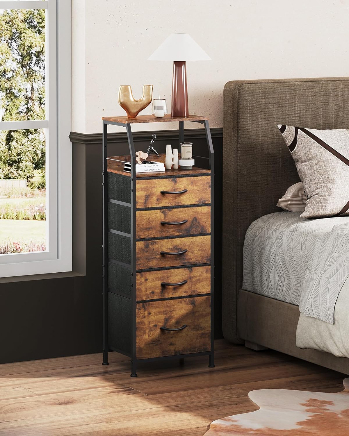 WLIVE Tall Night Stand with 5 Fabric Drawers, Bedroom Nightstand with 5 Drawers & 2 Open Shelves, Fabric Dresser Organizer, Sturdy Steel Frame Bedside Table, Rustic Brown Wood Grain Print