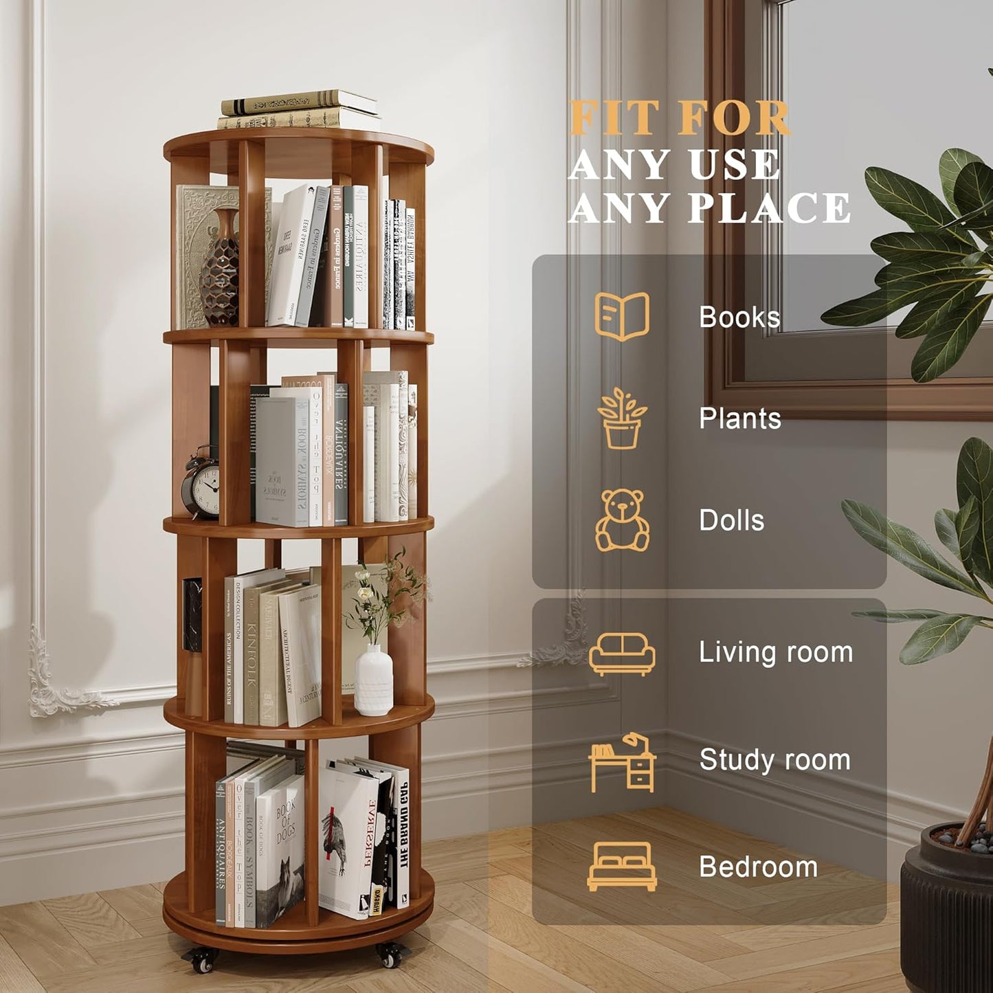 4-Tier Rotating Bookshelf, 360° Spinning Stackable Bookcase, Freestanding Bookshelf for Home Office Study Room Bedroom Living Room