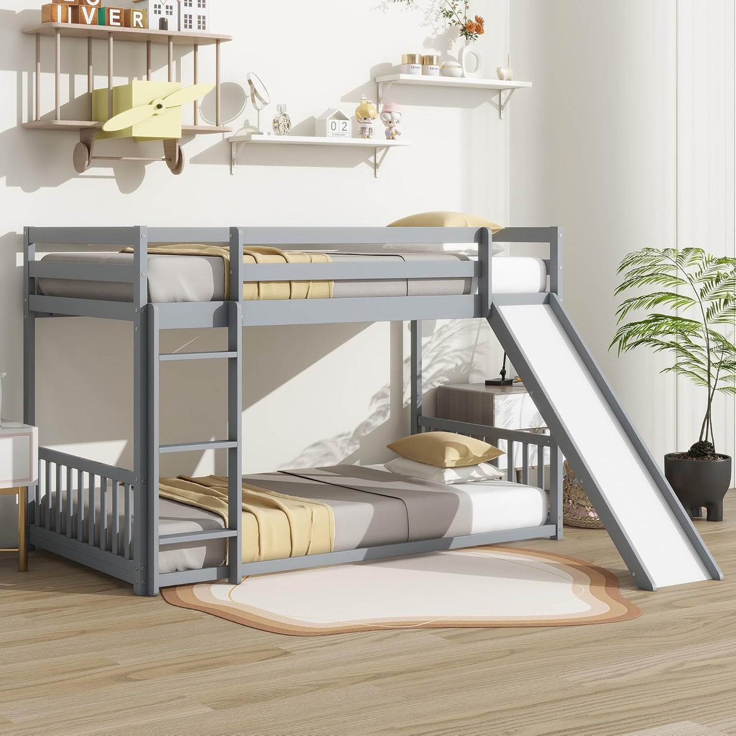 Ball & Cast Bunk Bed Twin Over Twin with Storage Staircase & Slide,Pine Solid Wood Bunk Bed Frame with Safety Guardrails,Floor Bunk Beds for Kids,Teens,No Box Spring Needed,Grey