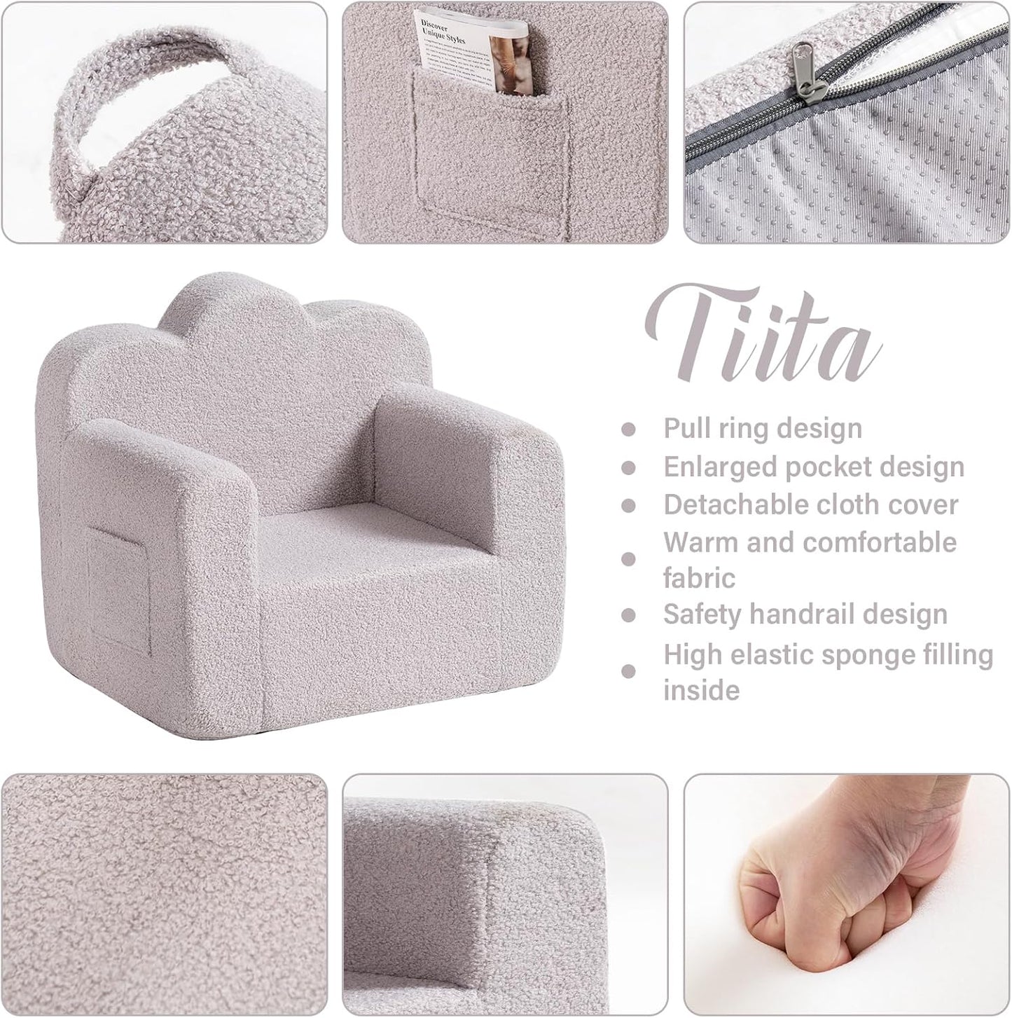 Tiita Kids Couch Sherpa Toddler Chair, Cloud-Like Comfy Kids Sofa Toddler Reading Chair with Washable Cover Carrying Handle, Convertible Children Sofa Chair for Girls and Boys