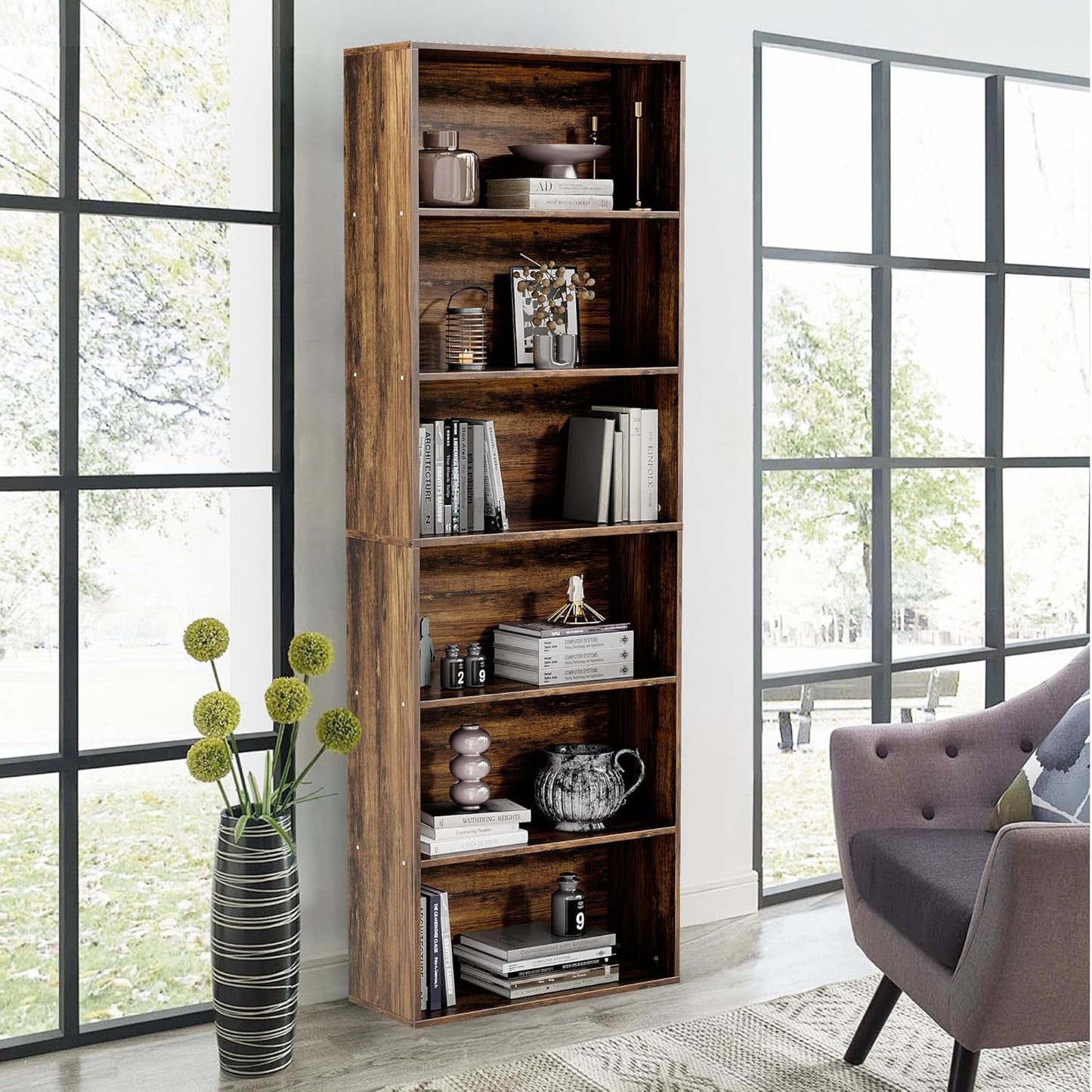 71" Tall Bookcase, 6-Tier Open Display Storage Shelves, Floor Standing Large Book Shelf for Living Room, Home Office, Bed Room, Brown