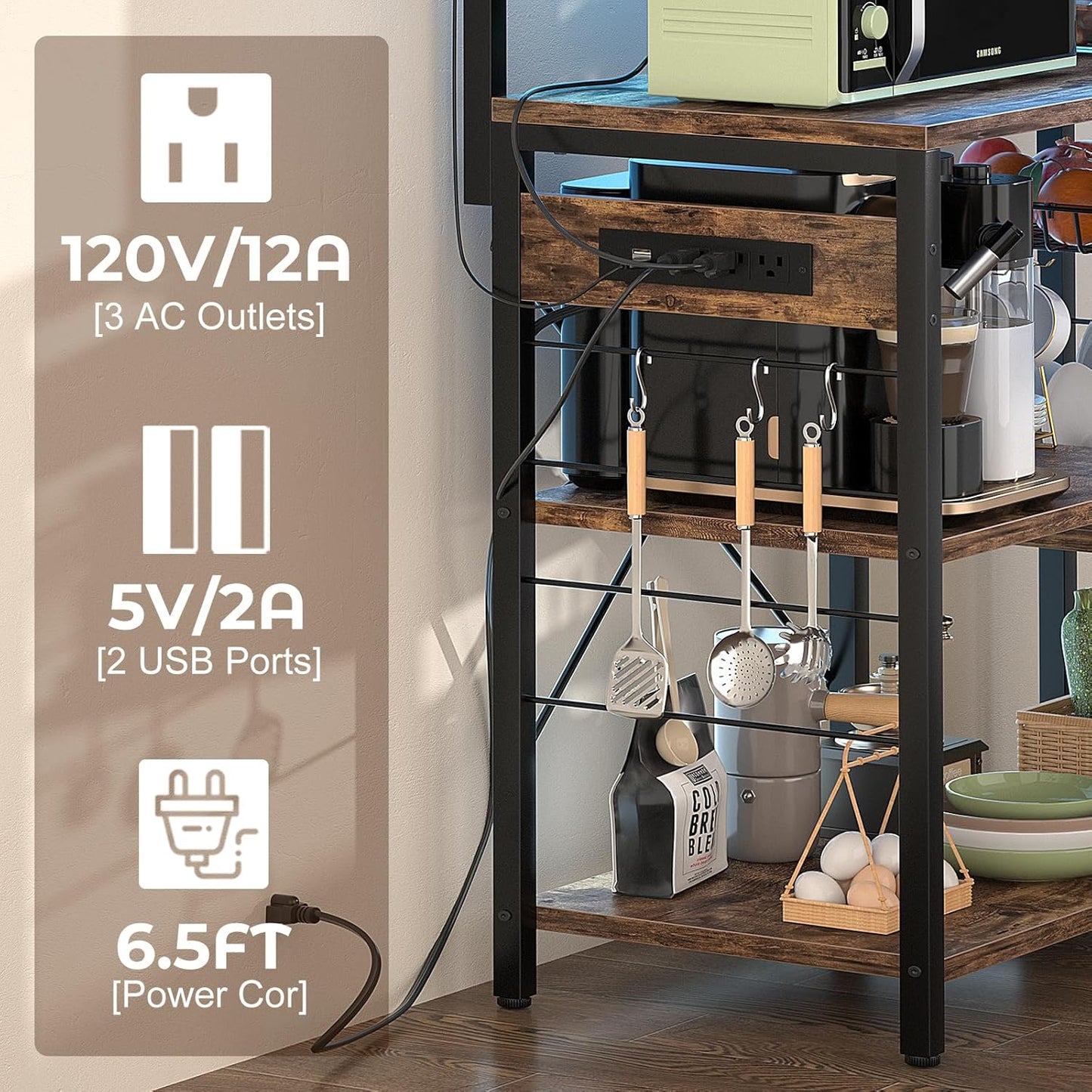 Aheaplus Bakers Rack with Power Outlet and LED Light Strings, Microwave Oven Stand Kitchen Storage Shelf with Wire Basket, Coffee Bar Station Island Table with 10 Hooks for Spices, Pots, Rustic Brown