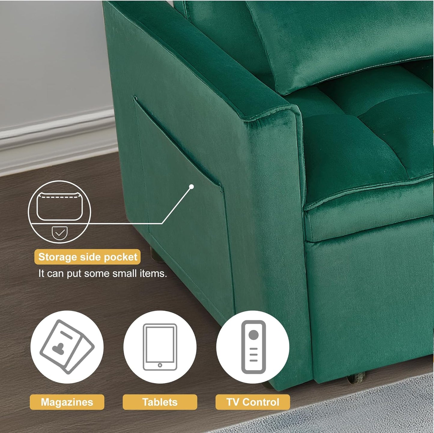 3 in1 Sofa Bed, Pull-Out Sleeper Sofa Bed with 3-Level Adjustable Backrest, Velvet Fabric Convertible Love Seat Sleepers Beds for Living Room & Bedroom & Apartment, Green