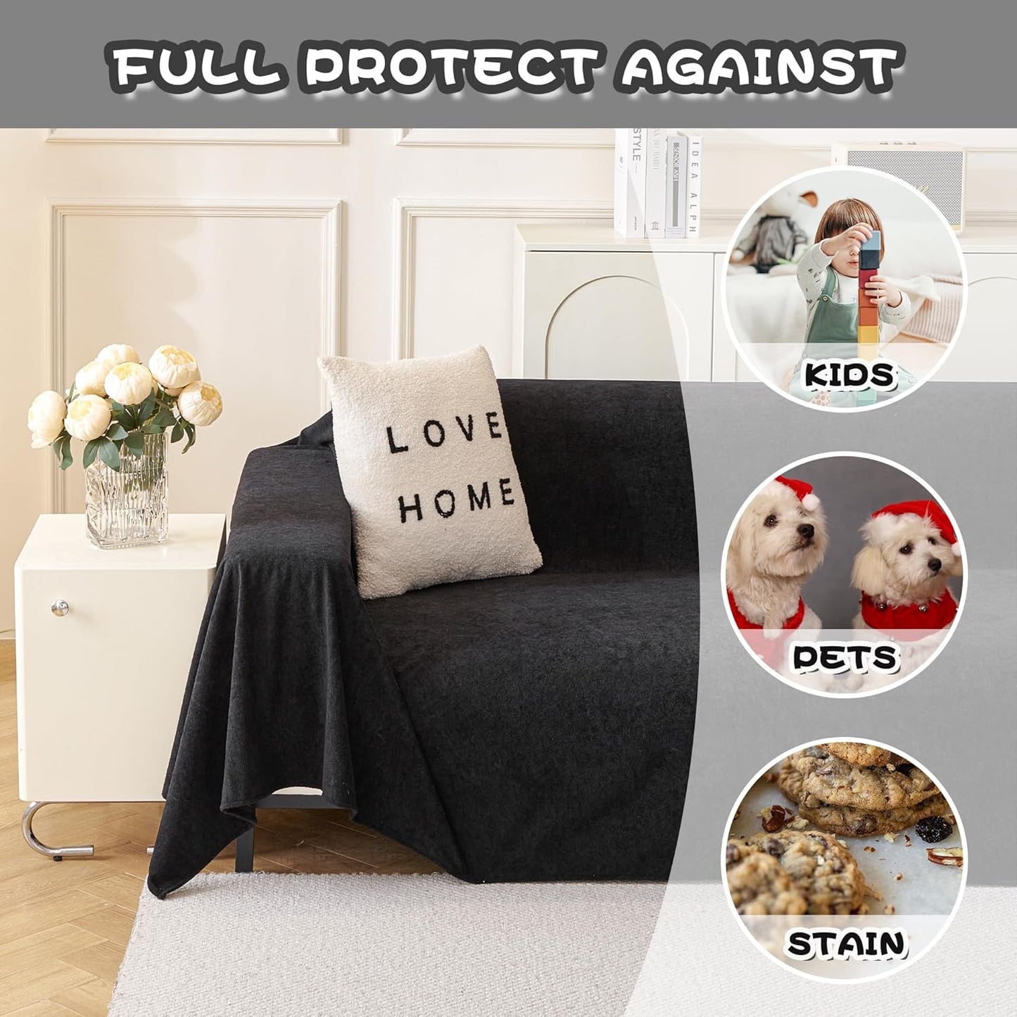MYSKY HOME Black Couch Covers for Sectional Sofa Love Seat Couch Cover, Couch Covers for Dogs Washable Couch Cover Blanket, Non Slip Sofa Slipcovers, Super Soft Sofa Towel for Kids, Pets, 71" x 118"