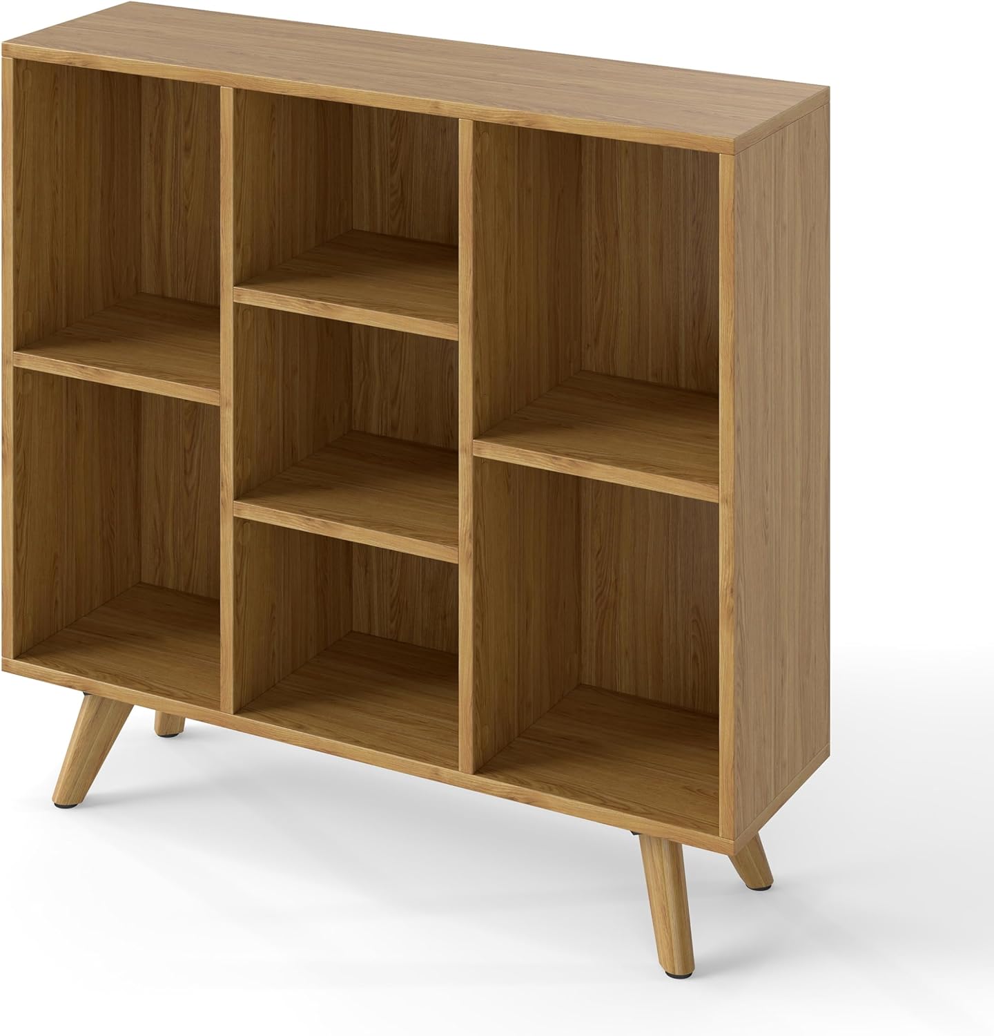 Manora Bookshelf with 7 Open Storage Cubes, Wooden Bookcase Organizer, Rustic Modern Display Shelf for Living Room, Bedroom, Office