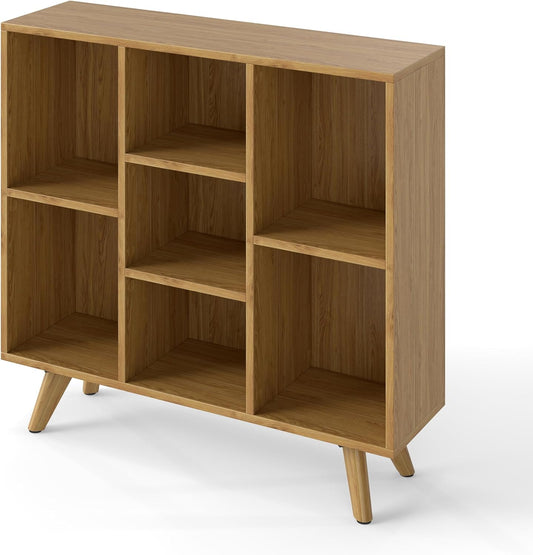 Manora Bookshelf with 7 Open Storage Cubes, Wooden Bookcase Organizer, Rustic Modern Display Shelf for Living Room, Bedroom, Office