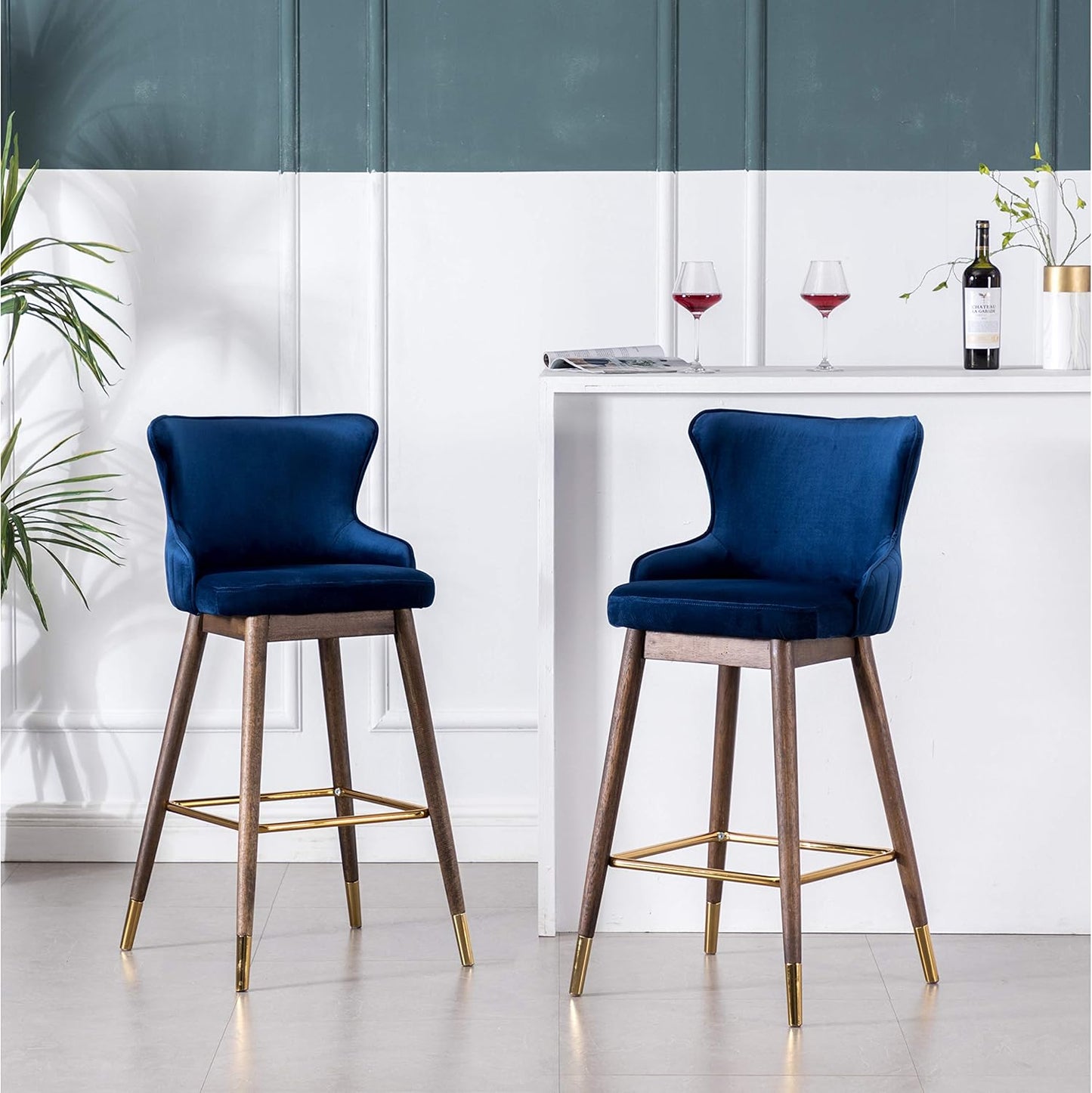 Roundhill Furniture Leland Fabric Upholstered Wingback Bar Stools, Set of 2, Blue