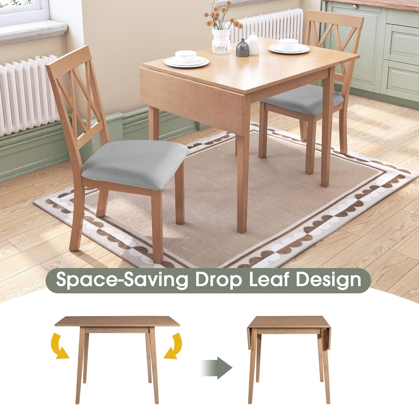 Merax Farmhouse Wood 3-Piece Multifunctional Dining Set, 45.6 inch Extendable Table with Drop Leaf, 2 Upholstered Chairs for Kitchen, Small Space, Natural