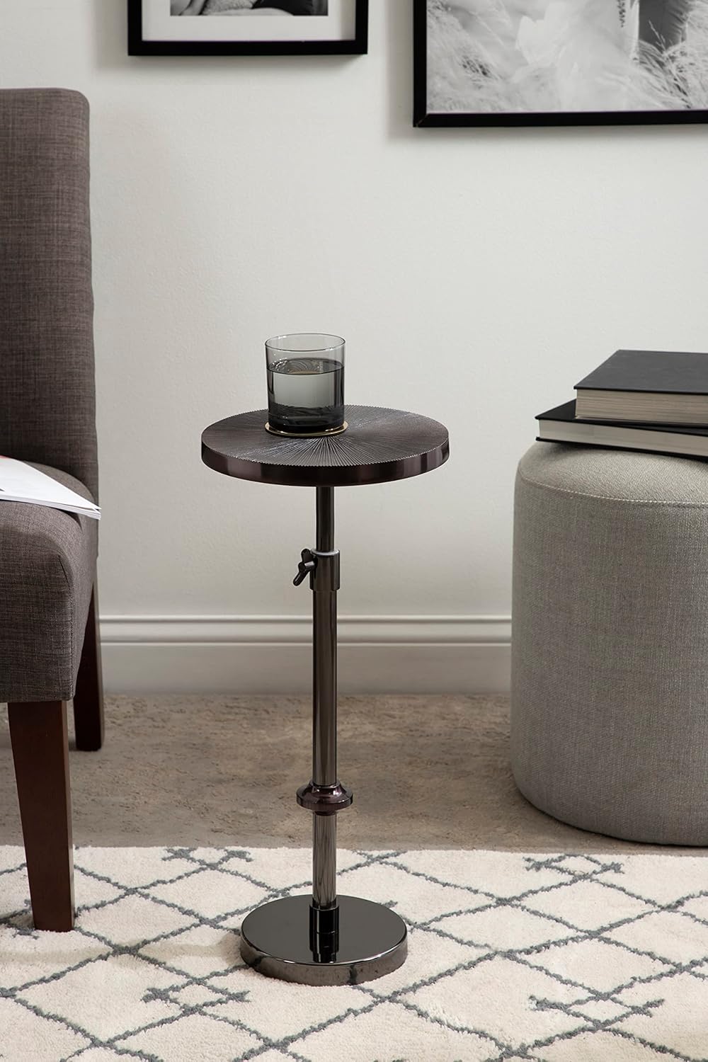 Kate and Laurel Engles Transitional Adjustable-Height Pedestal Drink Table; 10 x 10 x 30; Gray Gunmetal; Vintage Round Indoor Metal Plant Stand with Embossed Sunburst Pattern